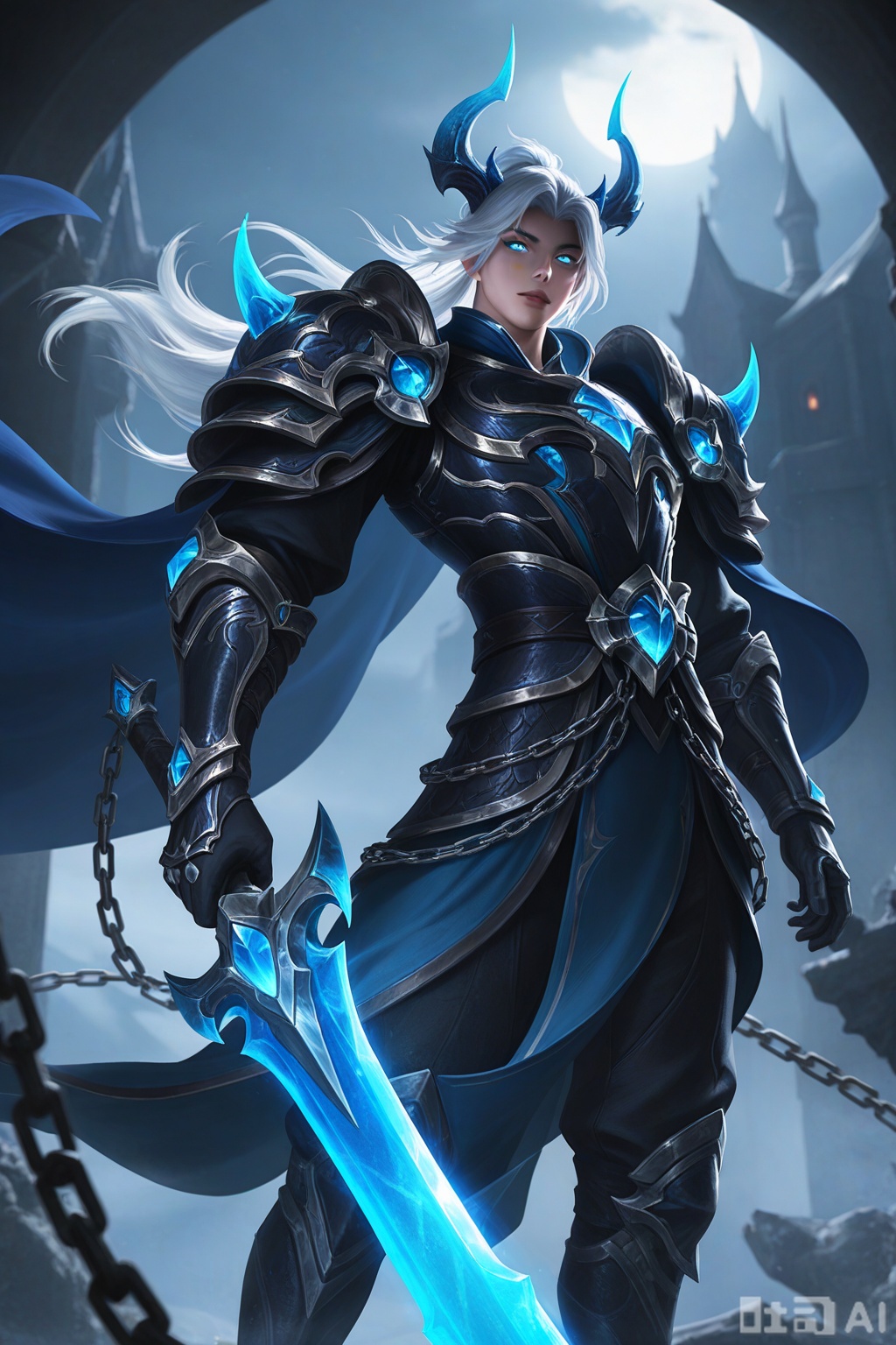 masterpiece,best quality,amazing quality,very aesthetic,high resolution,ultra-detailed,absurdres,newest,scenery,3D,rendered,{Prompt} BREAK depth of field,volumetric lighting,1boy,weapon,male focus,holding,armor,holding weapon,shoulder armor,glowing,sword,solo,chain,holding sword,horns,glowing eyes,feet out of frame,gauntlets,gloves,cape,pants,pauldrons,looking at viewer,artist name,blue eyes,white hair,