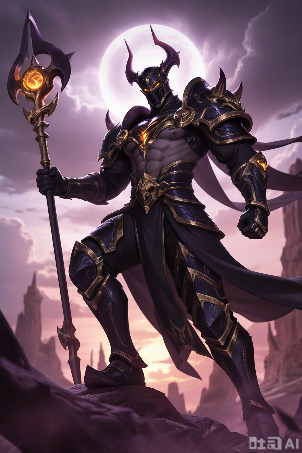 masterpiece,best quality,amazing quality,very aesthetic,high resolution,ultra-detailed,absurdres,newest,scenery,3D,rendered,{Prompt} BREAK depth of field,volumetric lighting,steel dragon thresh skin, arcana hecarim skin, best aesthetic, lolsplashart, solo, looking at viewer, 1boy, holding, weapon, male focus, horns, sky, cloud, armor, muscular, glowing, abs, helmet, cloudy sky, pectorals, muscular male, staff, shoulder armor, gauntlets, clenched hand, glowing eyes, pelvic curtain, pauldrons, holding staff, tarot, leg armor