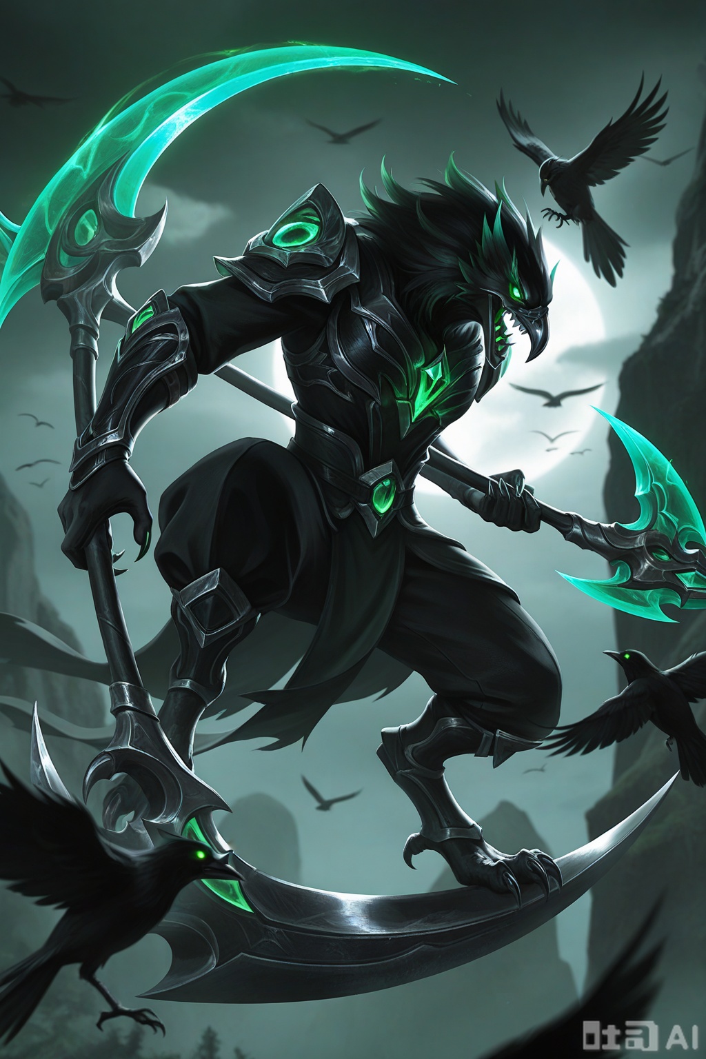 masterpiece,best quality,amazing quality,very aesthetic,high resolution,ultra-detailed,absurdres,newest,scenery,3D,rendered,{Prompt} BREAK depth of field,volumetric lighting,fiddlesticks, best aesthetic, lolsplashart, 1boy, holding, green eyes, weapon, male focus, teeth, holding weapon, glowing, bird, glowing eyes, claws, scythe, crow, holding scythe