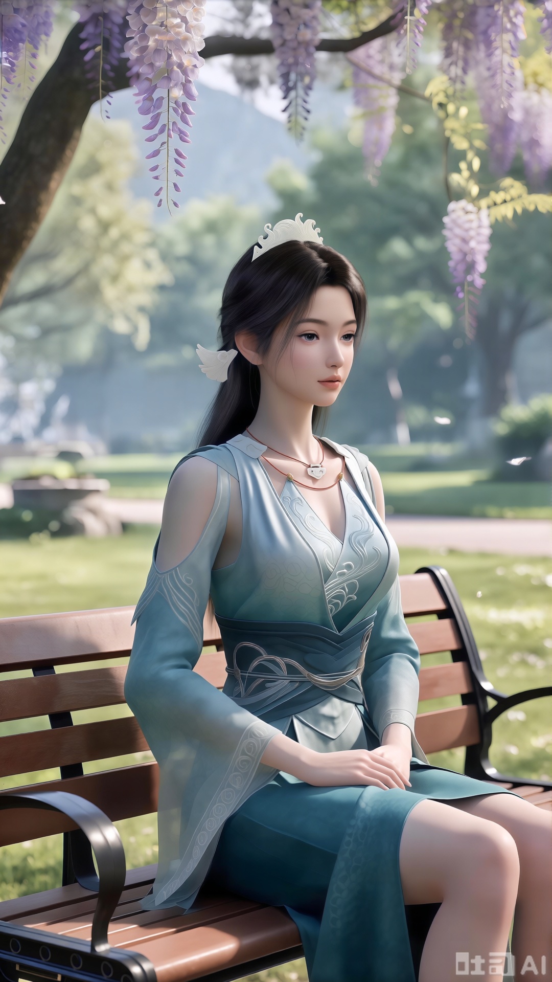  (masterpiece,best quality:1.23),portrait of a stewardess, beautiful face, perfect hourglass figure, China Southern Airlines uniform, sitting on a park bench, wisteria vines, blooming flowers, soft focus, out-of-focus background,(huge breasts, full breasts:2.99),XlujiajiaQw,XmupeulingQwen,XsongyuQwen,XyinyueQwen,XsongyuQwen,XmupeulingHY3