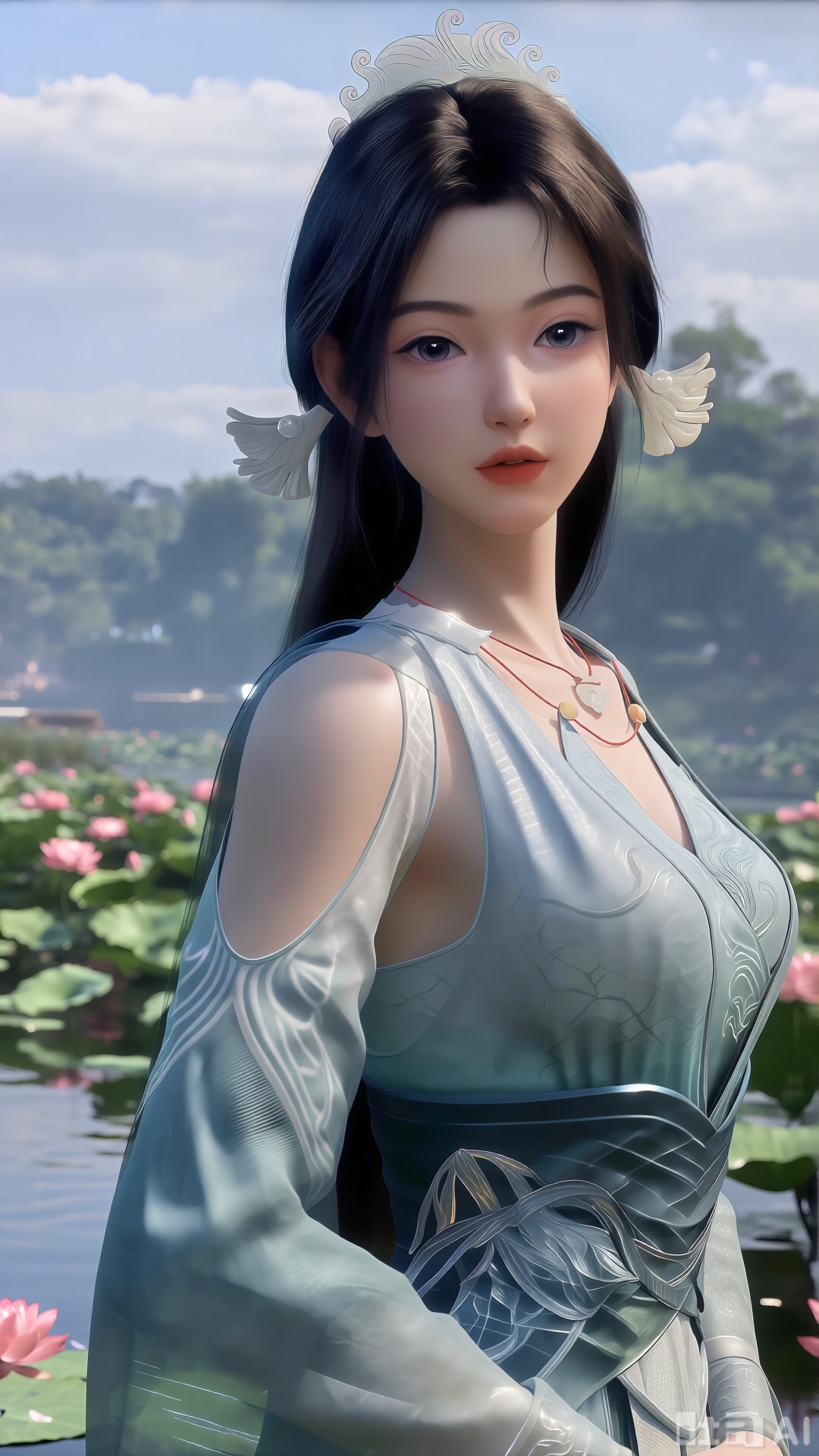 (masterpiece, best quality:1.2),1girl, navel, solo, midriff, bare shoulders, hair ornament,(long hair),(High double ponytail:1.49), red lips, BREAK, (looking at viewer:1.39), chinese clothes,(Holographic long dress:1.36), (lace,Rainbow Gradient Color:1.28), BREAK,blurry, solo focus, long hair, lips, daytime, lipstick, outdoors, standing,upper body,(huge breasts:2.89), background, solo, makeup,(Liquid glass style flowers:1.49),(huge breasts:2.99),(full breasts:2.99),,(Background with lotus pond and pink lotus flowers:1.39),XlujiajiaQw,XmupeulingQwen,XsongyuQwen,XyinyueQwen,XsongyuQwen,XmupeulingHY3