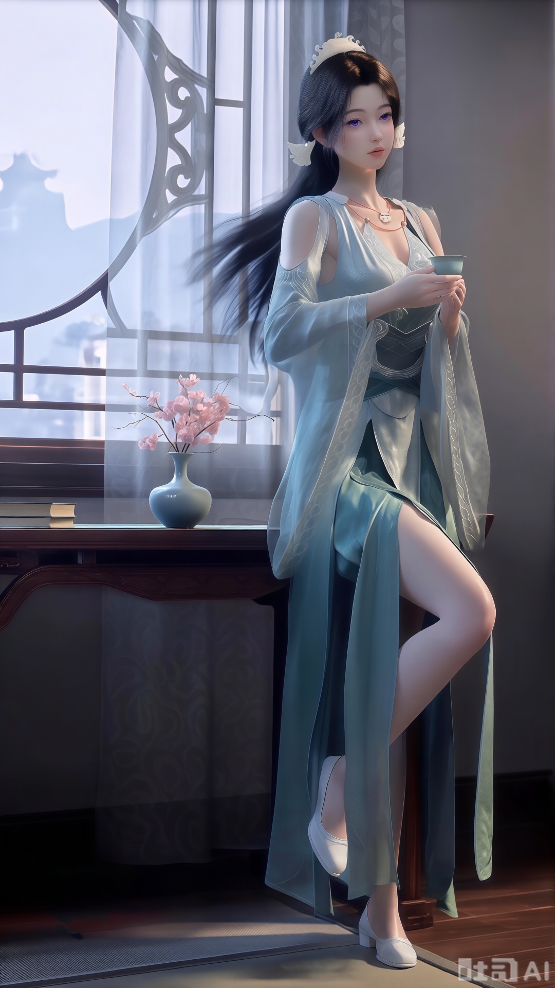 (masterpiece:1.2),Ultra clear, 8k, 1girl, solo, long hair, looking at viewer, bangs,long dress,, bare shoulders, jewelry, black hair, standing, purple eyes, full body, flower, thighs, indoors, hair bun, long dress, high heels, cup, see-through, book, bare legs, window, table, white footwear, standing on one leg, curtains, pink flower, side slit, vase, ,(huge breasts:2.99),(full breasts:2.99),,XlujiajiaQw,XmupeulingQwen,XsongyuQwen,XyinyueQwen,XsongyuQwen,XmupeulingHY3