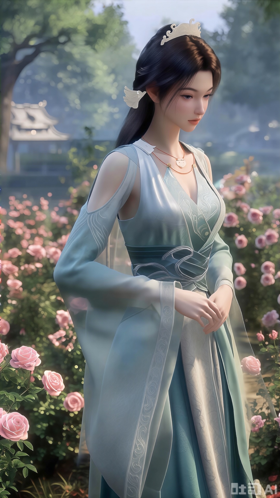  (masterpiece:1.2),best quality,,A woman adorned in traditional Chinese attire,featuring a flowing robe with intricate embroidery and floral accents. A garden filled with pink roses and lush greenery. Soft pastel hues of white,blue,and green,creating a serene atmosphere. Photorealistic photography.,(huge breasts:2.99),(full breasts:2.99),XlujiajiaQw,XmupeulingQwen,XsongyuQwen,XyinyueQwen,XsongyuQwen,XmupeulingHY3