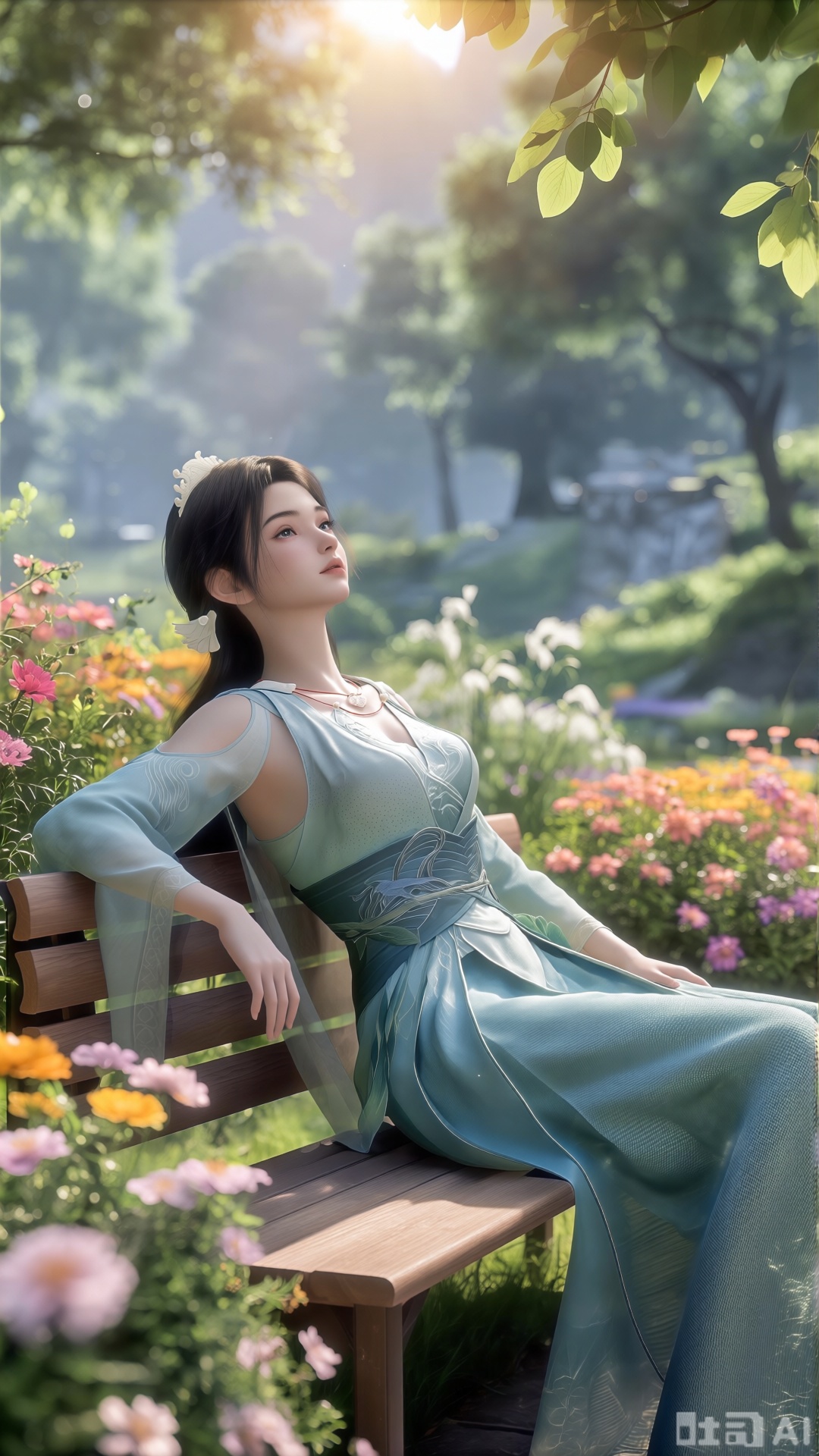  (masterpiece, best quality:1.2),A beauty ,(dress). Leaning on a garden bench filled with macaron - colored flowers,.Sunlight filters through the leaves onto her face, creating a lazy and gentle atmosphere, and her skirt sways softly in the breeze. 8K resolution, detailed texture of knitted fabric, lustrous pearl texture, vivid flower colors, soft natural light, Instagram - style filter texture.,XlujiajiaQw,XmupeulingQwen,XsongyuQwen,XyinyueQwen,XsongyuQwen,XmupeulingHY3