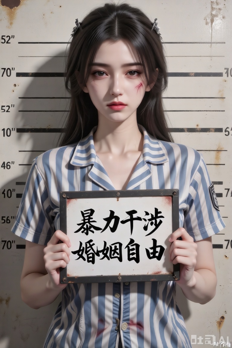 主体特征：图中肥美丽女孩双眼微眯眼神桀骜,嘴巴紧闭表情严肃,全身伤痕累累,捧着一块标牌。

服饰细节：身着蓝白色条纹短袖囚服,翻领设计,衣料质感厚实有褶皱,领口自然垂落,衣长覆盖至躯干中部。

标牌信息：黑色边框矩形白色标牌,中央用黑色毛笔字体书写“暴力干涉婚姻自由”汉字,字迹粗犷有力,标牌边缘略微磨损。

背景设定：仿警局身高测量背景板,米白色底纸上印有黑色水平刻度线,从52英寸到70英寸不等,左右两侧标注对应数字,刻度线边缘有轻微做旧泛黄效果。

光影氛围：顶光照射形成明显阴影,面部下方及颈部阴影浓重,背景刻度线因光线呈现深浅不一的灰度,整体色调偏暖棕,营造复古纪实感。

构图比例：主体居中占画面70%空间,头顶与刻度线66-70英寸处对齐,标牌位于胸腔正前方。