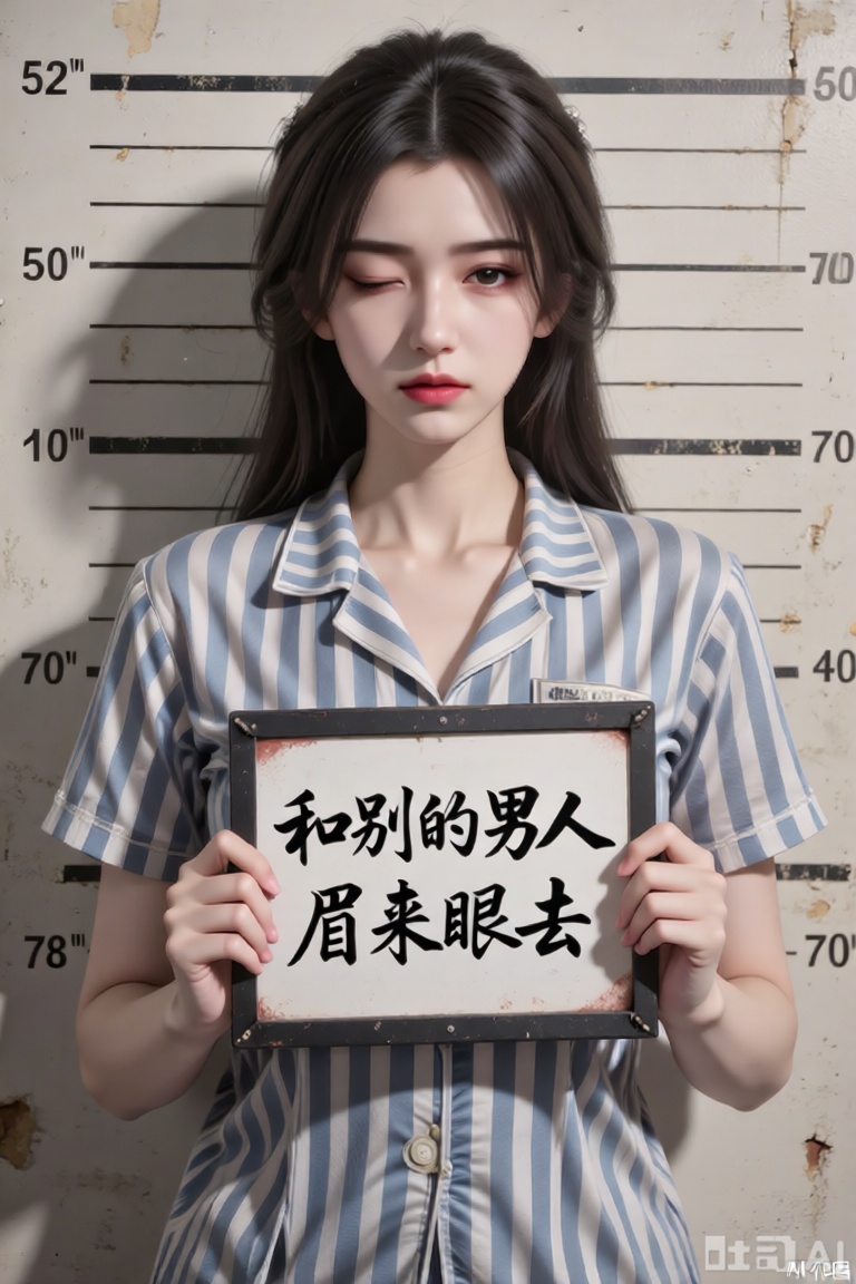 主体特征：图中肥美丽女孩双眼微眯眼神桀骜,嘴巴紧闭表情严肃,全身伤痕累累,捧着一块标牌。

服饰细节：身着蓝白色条纹短袖囚服,翻领设计,衣料质感厚实有褶皱,领口自然垂落,衣长覆盖至躯干中部。

标牌信息：黑色边框矩形白色标牌,中央用黑色毛笔字体书写“和别的男人眉来眼去”汉字,字迹粗犷有力,标牌边缘略微磨损。

背景设定：仿警局身高测量背景板,米白色底纸上印有黑色水平刻度线,从52英寸到70英寸不等,左右两侧标注对应数字,刻度线边缘有轻微做旧泛黄效果。

光影氛围：顶光照射形成明显阴影,面部下方及颈部阴影浓重,背景刻度线因光线呈现深浅不一的灰度,整体色调偏暖棕,营造复古纪实感。

构图比例：主体居中占画面70%空间,头顶与刻度线66-70英寸处对齐,标牌位于胸腔正前方。