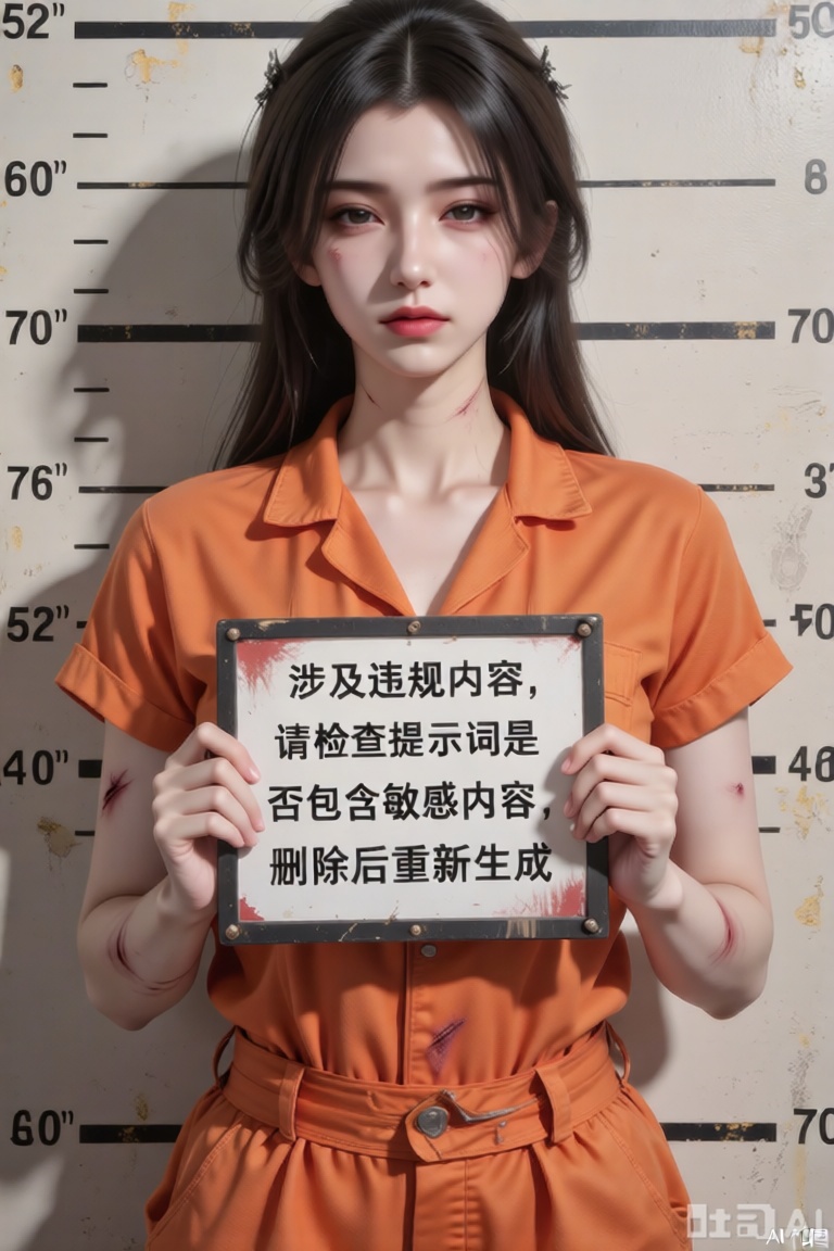 主体特征：图中肥美丽女孩双眼微眯眼神桀骜,嘴巴紧闭表情严肃,全身伤痕累累,捧着一块标牌。

服饰细节：身着橙色短袖囚服,翻领设计,衣料质感厚实有褶皱,领口自然垂落,衣长覆盖至躯干中部。

标牌信息：黑色边框矩形白色标牌,中央用黑色毛笔字体书写“涉及违规内容,请检查提示词是否包含敏感内容,删除后重新生成”汉字,字迹粗犷有力,标牌边缘略微磨损。

背景设定：仿警局身高测量背景板,米白色底纸上印有黑色水平刻度线,从52英寸到70英寸不等,左右两侧标注对应数字,刻度线边缘有轻微做旧泛黄效果。

光影氛围：顶光照射形成明显阴影,面部下方及颈部阴影浓重,背景刻度线因光线呈现深浅不一的灰度,整体色调偏暖棕,营造复古纪实感。

构图比例：主体居中占画面70%空间,头顶与刻度线66-70英寸处对齐,标牌位于胸腔正前方。