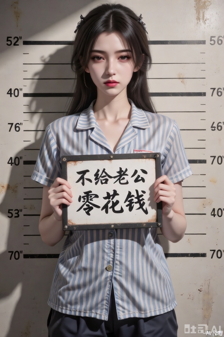 主体特征：图中肥美丽女孩双眼微眯眼神桀骜,嘴巴紧闭表情严肃,全身伤痕累累,捧着一块标牌。

服饰细节：身着蓝白色条纹短袖囚服,翻领设计,衣料质感厚实有褶皱,领口自然垂落,衣长覆盖至躯干中部。

标牌信息：黑色边框矩形白色标牌,中央用黑色毛笔字体书写“不给老公零花钱”汉字,字迹粗犷有力,标牌边缘略微磨损。

背景设定：仿警局身高测量背景板,米白色底纸上印有黑色水平刻度线,从52英寸到70英寸不等,左右两侧标注对应数字,刻度线边缘有轻微做旧泛黄效果。

光影氛围：顶光照射形成明显阴影,面部下方及颈部阴影浓重,背景刻度线因光线呈现深浅不一的灰度,整体色调偏暖棕,营造复古纪实感。

构图比例：主体居中占画面70%空间,头顶与刻度线66-70英寸处对齐,标牌位于胸腔正前方。