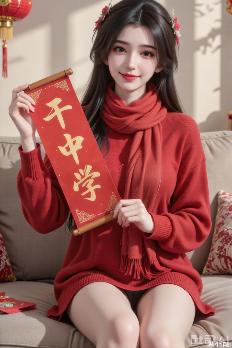 1 个女孩,美女,五官精致秀丽甜美,黑色长发,穿红色毛衣,全身,坐在沙发上,红色围巾,新年喜庆氛围,手拿一个新年快乐的红色横幅上用毛笔写着“干中学”三个金色大字,正面照,微笑,丁达尔光影,细节描写细致,精美,写实摄影,32K,大师级构图,