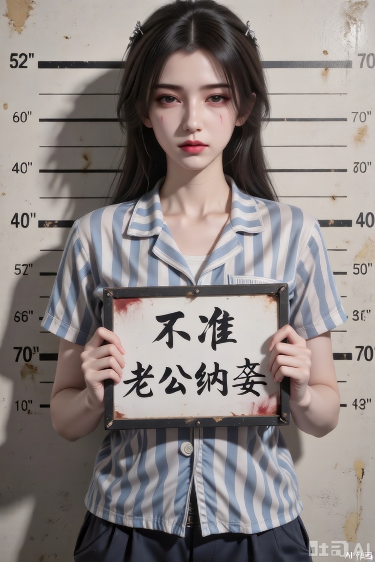 主体特征：图中肥美丽女孩双眼微眯眼神桀骜,嘴巴紧闭表情严肃,全身伤痕累累,捧着一块标牌。

服饰细节：身着蓝白色条纹短袖囚服,翻领设计,衣料质感厚实有褶皱,领口自然垂落,衣长覆盖至躯干中部。

标牌信息：黑色边框矩形白色标牌,中央用黑色毛笔字体书写“不准老公纳妾”汉字,字迹粗犷有力,标牌边缘略微磨损。

背景设定：仿警局身高测量背景板,米白色底纸上印有黑色水平刻度线,从52英寸到70英寸不等,左右两侧标注对应数字,刻度线边缘有轻微做旧泛黄效果。

光影氛围：顶光照射形成明显阴影,面部下方及颈部阴影浓重,背景刻度线因光线呈现深浅不一的灰度,整体色调偏暖棕,营造复古纪实感。

构图比例：主体居中占画面70%空间,头顶与刻度线66-70英寸处对齐,标牌位于胸腔正前方。