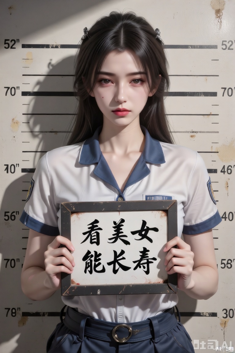 主体特征：图中肥美丽女孩双眼微眯眼神桀骜,嘴巴紧闭表情严肃,全身伤痕累累,捧着一块标牌。

服饰细节：身着蓝白色短袖囚服,翻领设计,衣料质感厚实有褶皱,领口自然垂落,衣长覆盖至躯干中部。

标牌信息：黑色边框矩形白色标牌,中央用黑色毛笔字体书写“看美女能长寿”汉字,字迹粗犷有力,标牌边缘略微磨损。

背景设定：仿警局身高测量背景板,米白色底纸上印有黑色水平刻度线,从52英寸到70英寸不等,左右两侧标注对应数字,刻度线边缘有轻微做旧泛黄效果。

光影氛围：顶光照射形成明显阴影,面部下方及颈部阴影浓重,背景刻度线因光线呈现深浅不一的灰度,整体色调偏暖棕,营造复古纪实感。

构图比例：主体居中占画面70%空间,头顶与刻度线66-70英寸处对齐,标牌位于胸腔正前方。