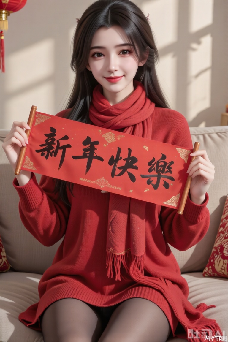 1 个女孩,美女,五官精致秀丽甜美,黑色长发,穿红色毛衣,全身,坐在沙发上,红色围巾,新年喜庆氛围,手拿一个新年快乐的红色横幅上用书法写着“新年快乐”四个大字,正面照,微笑,丁达尔光影,细节描写细致,精美,写实摄影,32K,大师级构图,