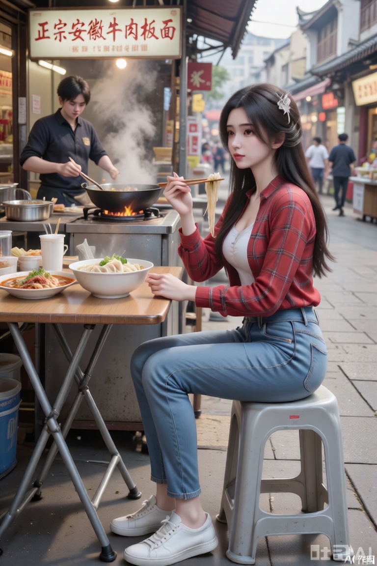 杰作,最好的质量,高质量,（彩色）,中胸,（黑发：1.4）,（大长腿：1.3）,8K,每秒120帧,超清。一个女孩,画面最前面是一个女子,侧身坐在一个折叠桌子面前,长发,穿着红色方格长袖衬衫,里面是白色的内衣,蓝色的牛仔长裤,白色的休闲鞋,桌子上摆着一碗云吞面,还有一盘麻辣烫,女人坐在一个塑料凳子上,右手拿着筷子正在吃面,中景是一个露天灶台,老板正在烹饪美食,手里拿着铁锅,灶上有火,有热气升腾,头顶的招牌上写着“正宗安徽牛肉板面”八个大字,书法字体,远处是这条小吃街的延伸,模糊的路人和其他商铺,全景景深,专业构图