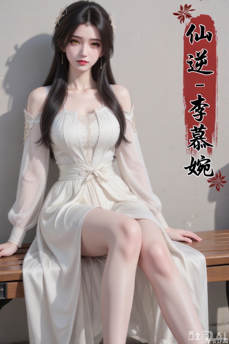 杰作,最佳质量,高质量,**,(黑发: 1.4),(长腿: 1.3),(细腿: 1.4),(一个25岁女孩,拥有长长的黑发和黄色眼睛,穿着一件长长的白色裙子)(脸上带着害羞的表情)(坐在长椅上)(全身展示),图像右侧用红色书法手写风格竖着写着“仙逆-李慕婉”,暗示着一个标题或主题。