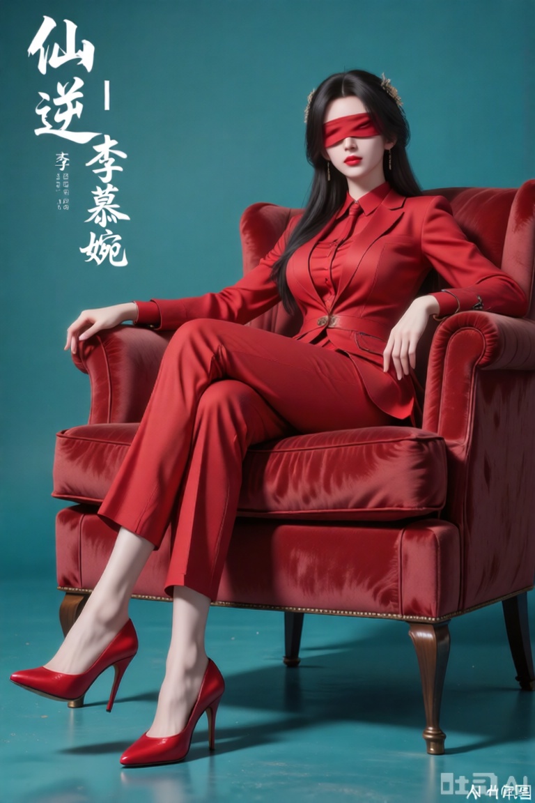 杰作,最好的质量,高品质,巨大的乳房,（黑发：1.4）,（长腿：1.3）,（细腿：1.4）,1女孩,蒙眼,明亮的模拟电影风格,精细的细节,明亮的模拟电影风格,精细的细节,从下方和低角度观看,图像中有一个女人以优雅的姿势坐在天鹅绒扶手椅上。这一刻画引人注目,在单色蓝绿色背景下呈现出大胆的红色对比,并与椅子的内饰相得益彰。女子身着别致的红色西装搭配有领衬衫,红色高跟鞋与她的着装颜色相映成趣,营造出和谐而生动的色调。她的表情平静而沉思,带着一丝自信;她的嘴唇被涂成相配的红色,她的黑长发勾勒出她的脸。女人的姿势——微微向后倾斜,一只手臂放在扶手椅上,双腿交叉——散发着一种镇定和自信的感觉。图像的整体构图,包括颜色的同步和主体的构图。色彩的同步和拍摄对象沉着的举止,散发出时尚精致和现代优雅的气息。“仙逆-李慕婉”一词以书法的白色手写风格书写在图像的左上角,暗示着标题或主题。照片的整体美感精致而时尚,带有一丝优雅和现代感。
