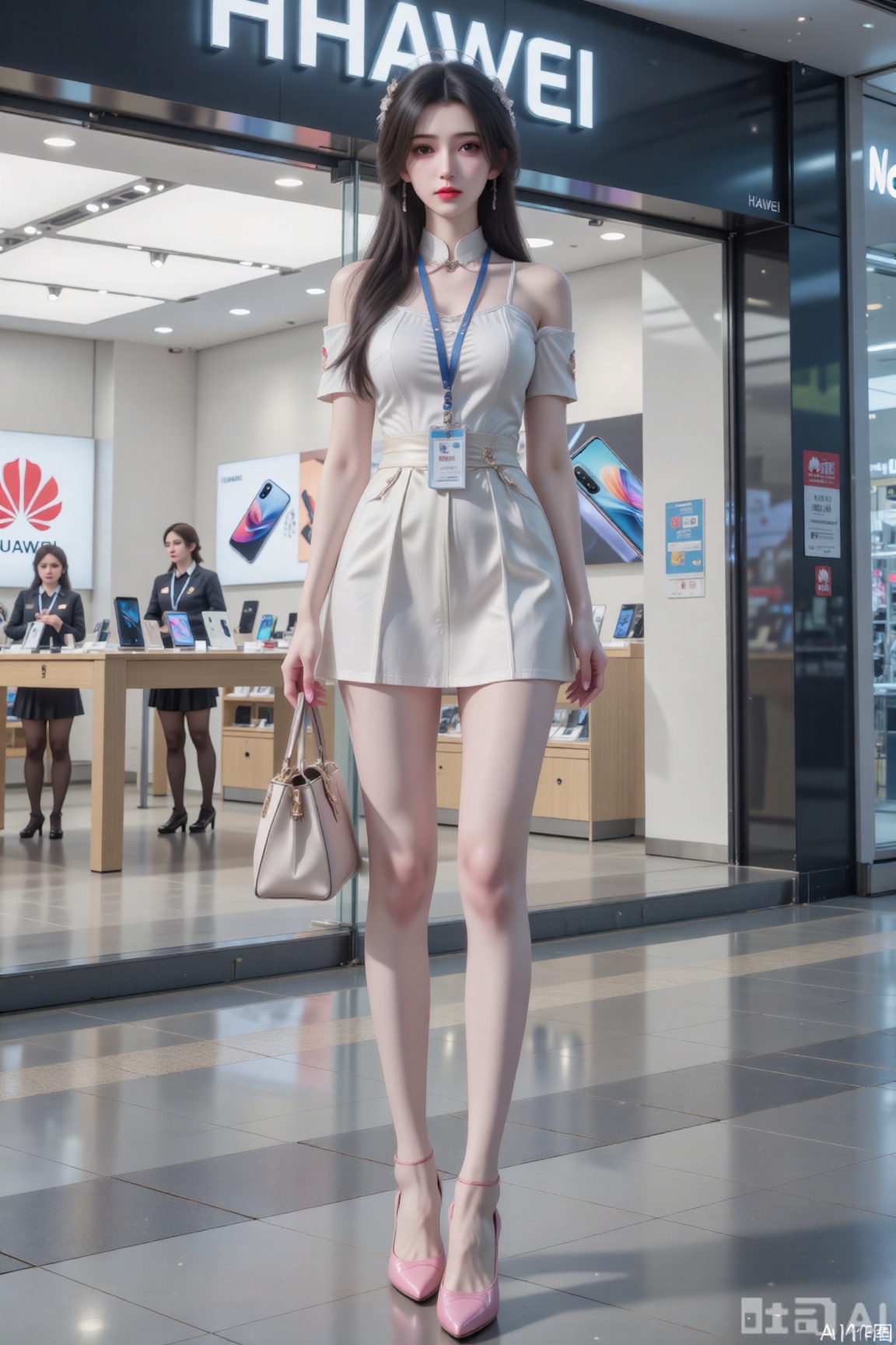 杰作,最好的质量,高质量,（彩色）,中胸,（黑发：1.4）,（大长腿：1.3）,8K,每秒120帧,超清。一个女孩双腿并拢站在一家iPhone店门前,一手拿着一个小小的女士手提包,一脸忧郁地看着镜头。她的腿又直又细。她身穿时尚的单肩露肩连衣裙,无袖,身穿超短裙,皮肤白皙细腻,散发着洁白的光泽。（胸围：1.3）、（大长腿：1.9）,她的长发是棕色的,从肩膀垂到腰间,勾勒出她的脸庞。美丽的头发和玫瑰色的嘴唇。高跟鞋,粉色指甲,全身,面向观众,低角度拍摄。背景：华为手机专卖店,柜台上陈列着各种华为电子产品。店里有员工穿着职业工装服,穿着短裙,黑色连裤袜,高跟鞋,胸前挂着工作证。