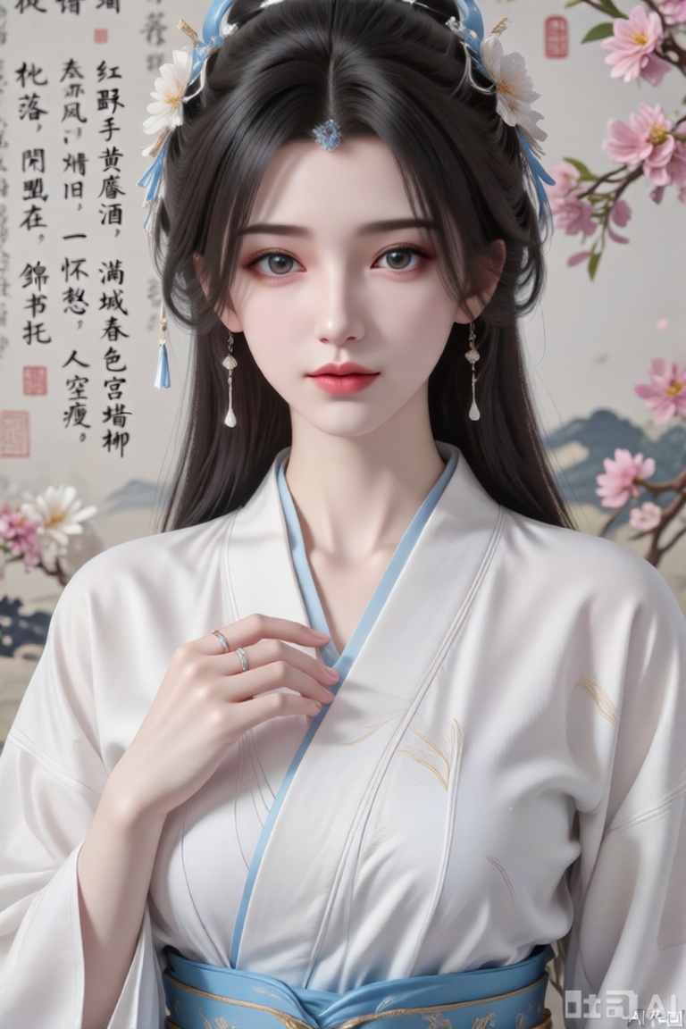 杰作,最好的质量,高质量,（彩色）,中胸,（黑发：1.4）,（大长腿：1.3）,8K,每秒120帧,超清。一个女孩,身着白色和服,头戴着饰有鲜花的蓝色头带。女人的头发是深棕色的,她的眼睛是刺眼的蓝色,而她的头发是深棕色的。她的左手上戴着一枚银戒指,与她的白色长袍增添了一丝对比。背景装饰有黑色中国古诗“红酥手,黄縢酒,满城春色宫墙柳。

东风恶,欢情薄。一怀愁绪,几年离索。

错、错、错。

春如旧,人空瘦,泪痕红浥鲛绡透。

桃花落,闲池阁。山盟虽在,锦书难托。”文字,与白色背景形成鲜明对比。