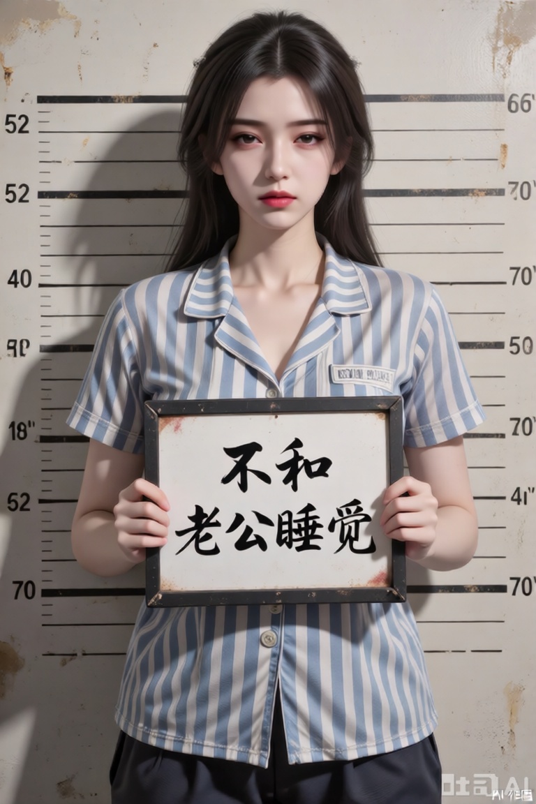 主体特征：图中肥美丽女孩双眼微眯眼神桀骜,嘴巴紧闭表情严肃,全身伤痕累累,捧着一块标牌。

服饰细节：身着蓝白色条纹短袖囚服,翻领设计,衣料质感厚实有褶皱,领口自然垂落,衣长覆盖至躯干中部。

标牌信息：黑色边框矩形白色标牌,中央用黑色毛笔字体书写“不和老公睡觉”汉字,字迹粗犷有力,标牌边缘略微磨损。

背景设定：仿警局身高测量背景板,米白色底纸上印有黑色水平刻度线,从52英寸到70英寸不等,左右两侧标注对应数字,刻度线边缘有轻微做旧泛黄效果。

光影氛围：顶光照射形成明显阴影,面部下方及颈部阴影浓重,背景刻度线因光线呈现深浅不一的灰度,整体色调偏暖棕,营造复古纪实感。

构图比例：主体居中占画面70%空间,头顶与刻度线66-70英寸处对齐,标牌位于胸腔正前方。