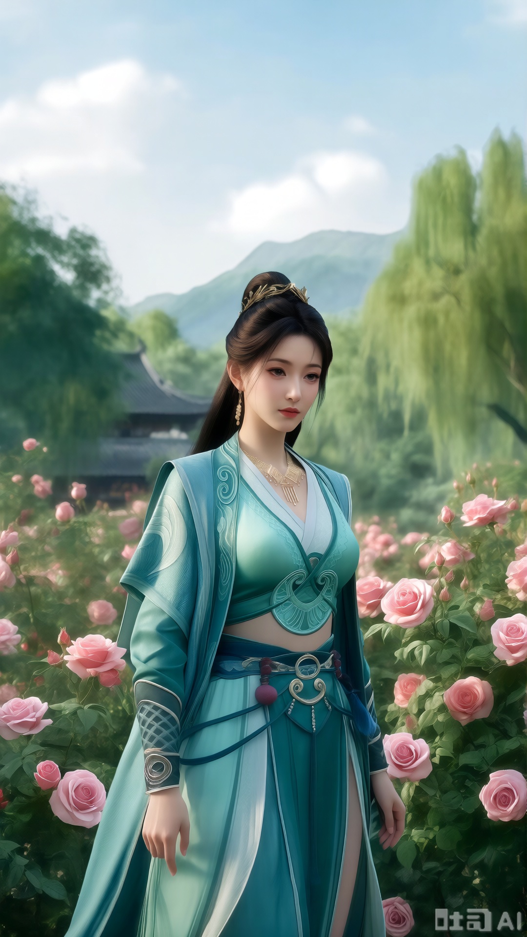  (masterpiece:1.2),best quality,,A woman adorned in traditional Chinese attire,featuring a flowing robe with intricate embroidery and floral accents. A garden filled with pink roses and lush greenery. Soft pastel hues of white,blue,and green,creating a serene atmosphere. Photorealistic photography.,(huge breasts:2.99),(full breasts:2.99),XsongyuQwen,XyinyueQwen,XlujiajiaQw,XsongyuQwen,XmupeulingQwen,XiPhone17Pro