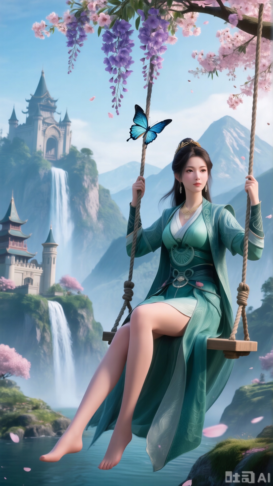  (masterpiece, top quality, best quality, official art, beautiful and aesthetic:1.2),Dynamic posture,(Sitting on the swing:1.39),natural skin texture,(Milky skin:1.2),1gir,solo,long Dress, (Long legs, perfect proportions:1.2),(Sakura, butterfly:1.29),(huge breasts:2.99),(full breasts:2.99),Wisteria, wisteria flowers, castle, waterfall, mountains in the distance,XsongyuQwen,XyinyueQwen,XlujiajiaQw,XsongyuQwen,XmupeulingQwen,XiPhone17Pro