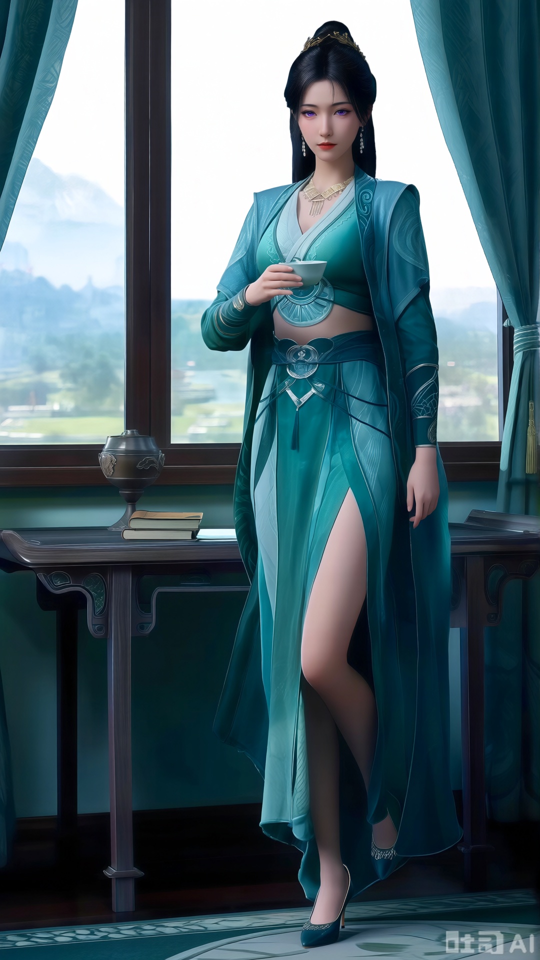 (masterpiece:1.2),Ultra clear, 8k, 1girl, solo, long hair, looking at viewer, bangs,long dress,, bare shoulders, jewelry, black hair, standing, purple eyes, full body, flower, thighs, indoors, hair bun, long dress, high heels, cup, see-through, book, bare legs, window, table, white footwear, standing on one leg, curtains, pink flower, side slit, vase, ,(huge breasts:2.99),(full breasts:2.99),,XsongyuQwen,XyinyueQwen,XlujiajiaQw,XsongyuQwen,XmupeulingQwen,XiPhone17Pro