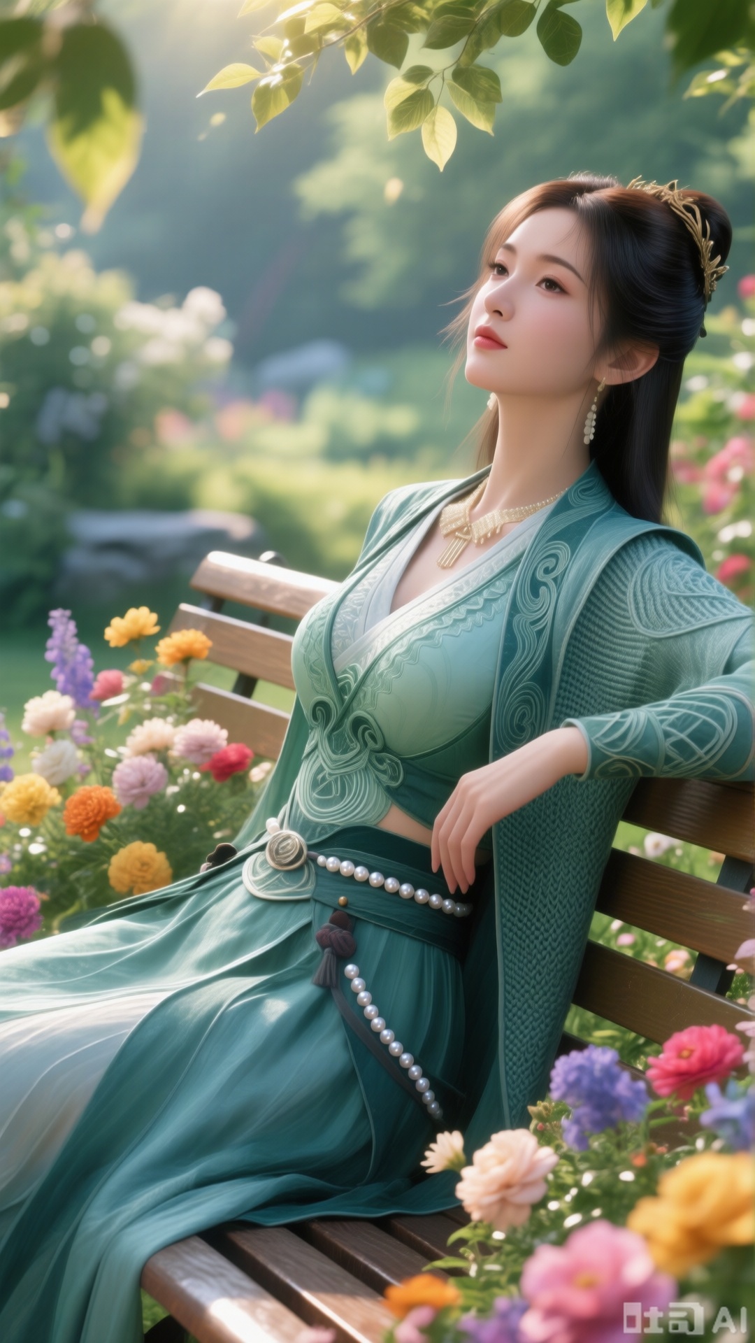 (masterpiece, best quality:1.2),A beauty ,(dress). Leaning on a garden bench filled with macaron - colored flowers,.Sunlight filters through the leaves onto her face, creating a lazy and gentle atmosphere, and her skirt sways softly in the breeze. 8K resolution, detailed texture of knitted fabric, lustrous pearl texture, vivid flower colors, soft natural light, Instagram - style filter texture.,(huge breasts:2.99),(full breasts:2.99),XsongyuQwen,XyinyueQwen,XlujiajiaQw,XsongyuQwen,XmupeulingQwen,XiPhone17Pro