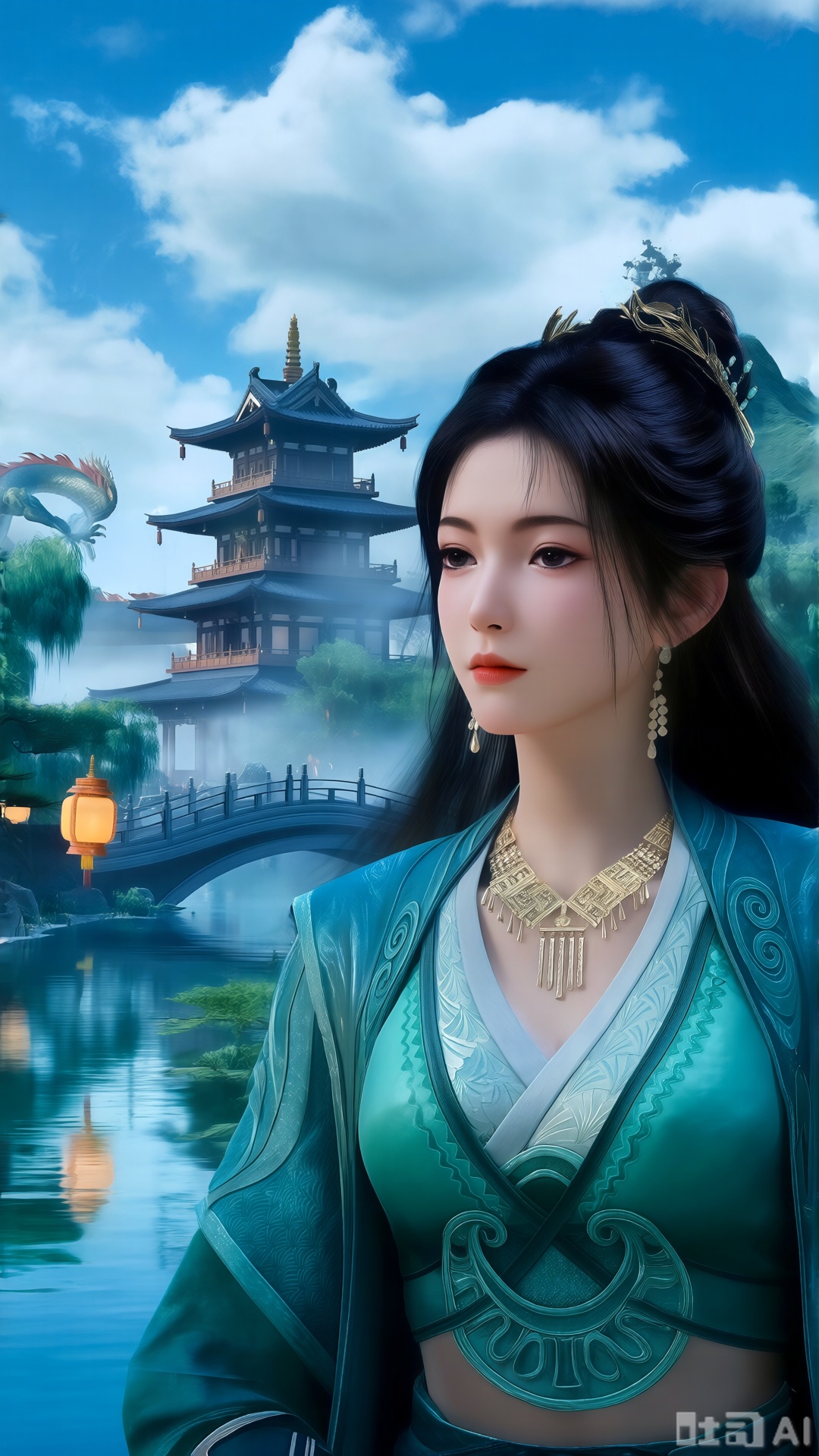 (masterpiece, best quality:1.2),1 girl, solo, long hair, black hair, hair accessories, clothing, cleavage cuts, long dress, jewelry, upper body, earrings. Background is outdoor, sky, clouds, water, trees, architecture, landscape, lantern, mountain, dragon, architecture, bridge, east Asian architecture, fog, pagoda,,(huge breasts:2.99),(full breasts:2.99),XsongyuQwen,XyinyueQwen,XlujiajiaQw,XsongyuQwen,XmupeulingQwen,XiPhone17Pro