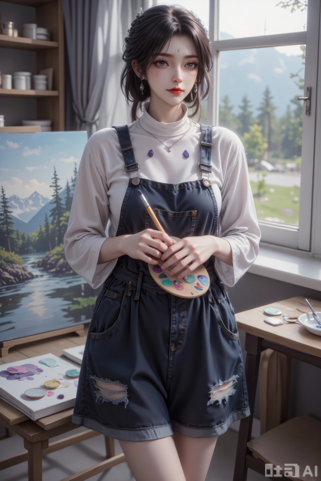 "Super realistic and artistic illustrations, Half-body close-up framing from mid-torso to top of head, an artist in mountain studio attire, with jet black messy bob (short with choppy layers, side-swept bangs falling over one eye, hair slightly disheveled with paint splatters, ends angular and edgy). Wearing a charcoal gray linen smock (oversized with rolled-up sleeves, fabric loose and breathable, pockets filled with paintbrushes), a white cotton turtleneck (fitted with soft texture, neckline covering the chin, fabric slightly stained with watercolor), and dark indigo denim overalls (distressed with faded patches, straps adjusted loosely over the shoulders).​
Her makeup is minimal and expressive, fitting the creative studio vibe. Lightweight foundation with a natural finish, skin looking fresh with faint freckles; eyelids in smudged charcoal eyeshadow with a pop of teal at the outer corners, no precise liner; volumizing mascara on upper lashes, lower lashes clumpy with intentional messiness; eyebrows in black, thick and unruly with natural arch. Cheeks with flushed pink blush and no contour, lips in matte blackberry lipstick—slightly smudged at the edges for an artistic look.​
Hairstyle: Messy bob frames the face with intentional chaos, bangs partially covering one eye, hair appearing thick and textured, overall bold and creative, matching the studio’s artistic energy.​
Top: Linen smock + cotton turtleneck + denim overalls, linen texture looking lived-in in close-up, turtleneck peeking above the smock, muted tones making the image moody, complementing the canvas and paint tubes in the background.​
Accessories: Silver knuckle rings (on multiple fingers, with tiny paint stains), a leather wristband (worn over the smock sleeve), a wooden paint palette (held in left hand, covered in mixed colors), a paintbrush (clutched in right hand, tip dripping slightly), small silver hoop earrings (hidden partially by hair).​
She stands beside an easel, left hand steadying the palette, right hand mid-stroke as if painting, head tilted to study the canvas. A focused expression on her face, eyes intense and determined, body leaning forward with creative energy. Close-up composition highlights the artistic concentration and the textured fabric of her smock. Background: Blurred canvas with half-finished paintings, shelves of paint tubes, a wooden table cluttered with art supplies, large windows showing mountain views. Fragrance of oil paint, turpentine, and pine from the forest outside. Sounds of brush strokes on canvas, soft music playing, a pencil rolling off the table, and wind whistling through the windows. Natural light streaming through glass casting bright spots, creating a passionate and inspired afternoon mood in the studio"
