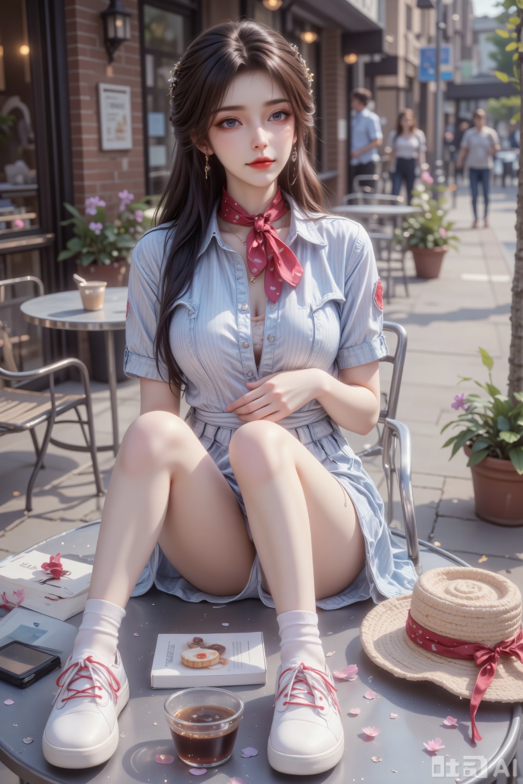 "Ultra-detailed hyper-realistic aesthetic full-body illustration, a young woman with casual elegance sitting on a café patio at afternoon. Showing her complete figure from head to toe, she sits sideways on a wrought iron chair with one leg crossed over the other, her posture relaxed yet poised, showcasing the full length of her body and the way her clothing falls when seated. She has dark brown curly hair (loose and voluminous, falling past her shoulders to her mid-back, with a few strands tucked behind one ear, creating soft volume around her face).​
Wearing a light blue gingham sundress (knee-length with a fit-and-flare silhouette, short puffed sleeves, Peter Pan collar, small buttons down the front), a white cropped denim jacket (distressed edges, rolled-up sleeves, worn open), a red silk scarf (tied loosely around her neck with ends hanging down the front), white ankle socks (with tiny polka dots), and white canvas sneakers (with red laces and small heart patches on the sides).​
Her makeup is fresh and youthful, matching the casual café vibe. The luminous base makeup has a healthy radiance; the eyelids are covered with soft blue eyeshadow, blended with white at the inner corners; the eyelashes are long and fluttery, coated with brown mascara; the eyebrows are shaped with natural curves, filled with taupe pencil. The cheeks are dusted with rose blush, and the lips are painted with cherry lip gloss, adding a pop of color.​
Hairstyle: The dark brown curls frame her face and cascade down her back, adding soft volume to her upper body, the tucked strand revealing her ear and highlighting her relaxed expression, complementing her seated full-body posture.​
Full Body Attire Details: The gingham dress fits closely through the torso then flares gently to the knees, showing her seated legs and the way the fabric bunches slightly at the hips; the denim jacket adds structure to her upper body without hiding the dress pattern; her crossed legs showcase the full length of the dress and her sneakers. Her hands rest lightly on her lap, completing the balanced full-body composition.​
Accessories: Silver hoop earrings, a dainty silver necklace with a tiny coffee cup charm, a straw hat (with a red ribbon) placed on the table beside her, a book propped on her lap, a cup of iced coffee with a straw in front of her on the patio table.​
Her entire figure is bathed in warm afternoon sunlight, highlighting the details of her outfit and her relaxed seated posture. The background features a charming café patio: wrought iron tables and chairs, potted flowers on the edge, a brick building with large windows, and people walking by on the sidewalk. The air carries the scent of freshly brewed coffee and pastries. Sounds of clinking cups, distant chatter, and a street musician playing guitar create a lively atmosphere. Afternoon sunlight casts soft shadows around her full body, highlighting the gingham pattern and creating a cozy, inviting ambiance."
