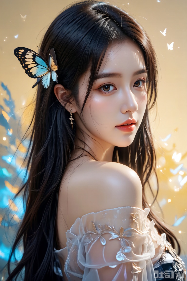 该图像描绘了一个年轻的女人,身着长长的黑发,穿着一件精致的露肩,透明的衣服。她的左侧有一个蝴蝶头发配件,使她的外表增添了异想天开的感觉。背景用温暖的黄色和蓝色轻轻照亮,营造出一种梦幻而空灵的氛围。背景中也有微弱的蝴蝶轮廓,增强了自然和幻想的整体主题。运用侧逆光勾勒人物轮廓,营造立体感,环境光借城市夜景烘托氛围,高光点缀建筑与鞋履,明暗层次丰富,以逆光、环境光交织,凸显主体与绚烂背景,影视美术手法,通过虚拟场景构建城市夜景背景,结合人物精细建模与光影渲染,营造出逼真且富有氛围感的视觉效果。