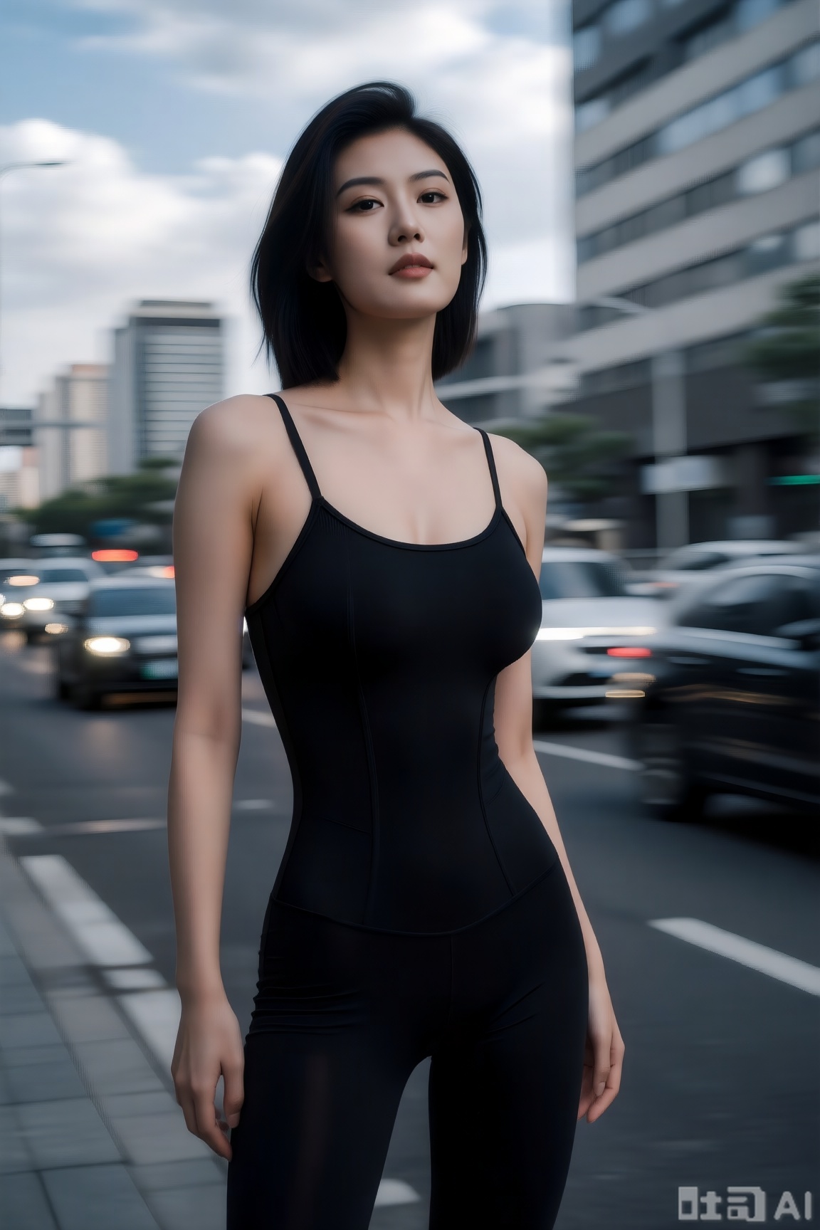 一位年轻女性,穿着黑色吊带紧身衣,站在户外,电影写真风格,冷调自然光勾勒身形,高清写实渲染凸显面料质感。背景以极强动态模糊处理楼下车流与云层,形成横向拉丝光影,色彩以沉黑与窗外城市的浅灰、天蓝为主,中景视角聚焦女性自信神情,背景虚化程度达80%,强化都市快节奏的流动感。
