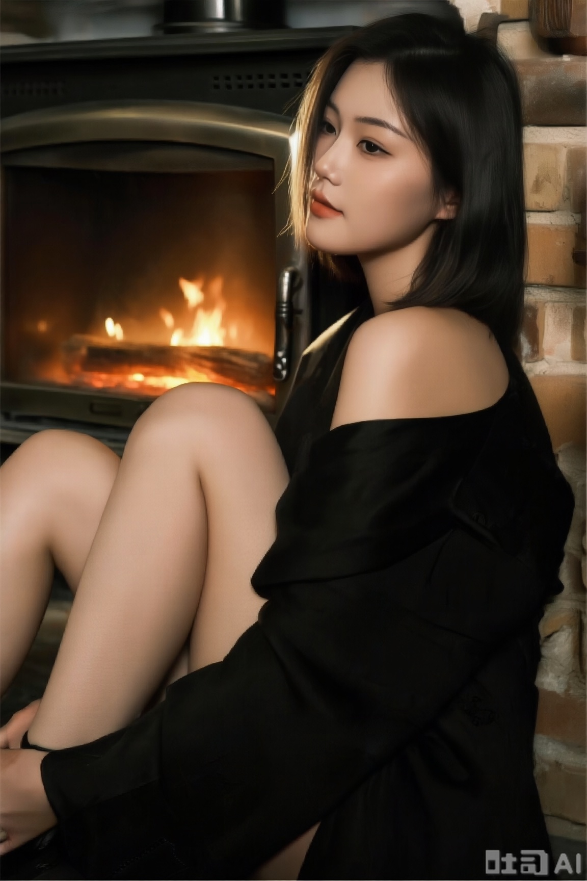 一位年轻女性,穿着黑色露肩上衣,坐在壁炉旁,双腿弯曲抱膝,背景是燃烧着火焰的壁炉和砖墙。,暖黄逆光勾勒轮廓,突出复古精致感。,模糊动态背景