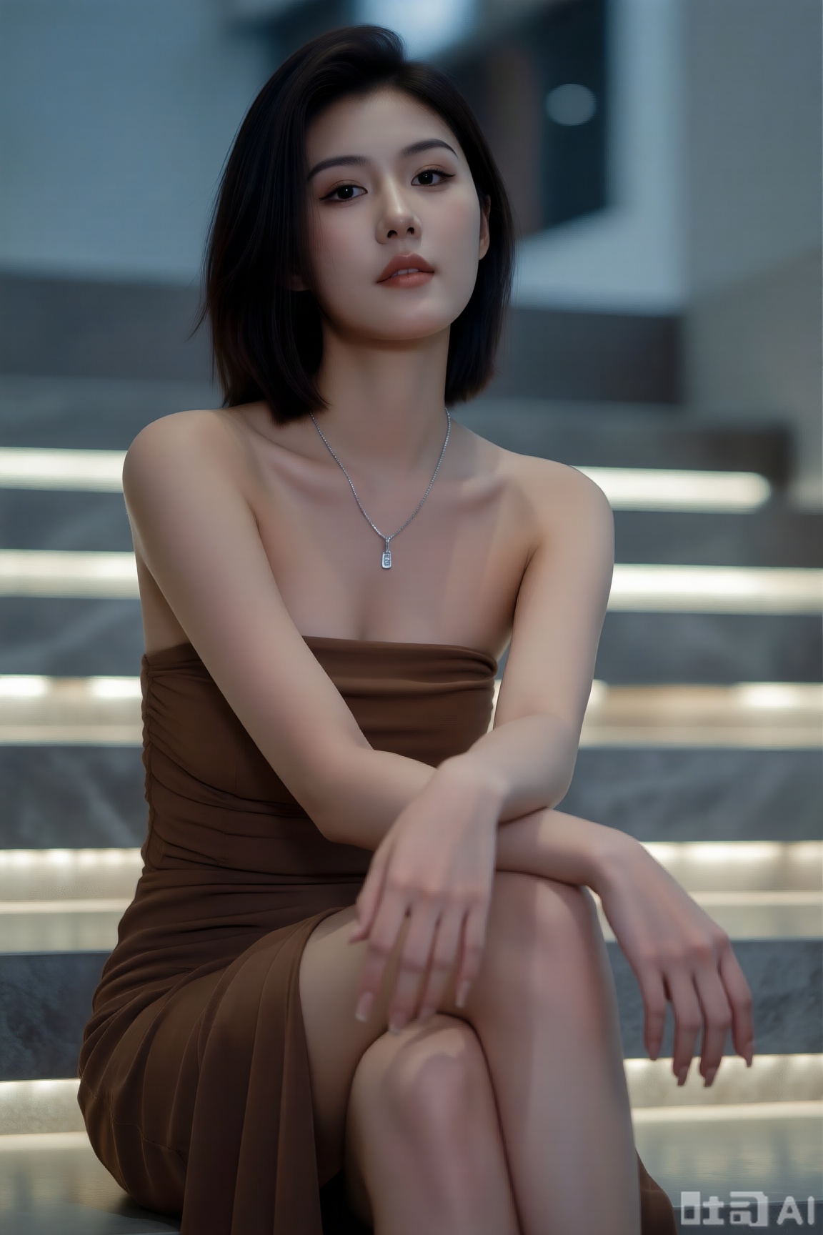 一位年轻女性,穿着棕色抹胸连衣裙,佩戴银色项链,坐在带有灯光的室内场所,双臂交叉放在腿上,电影写真风格,冷调自然光勾勒身形,高清写实渲染凸显面料质感。 