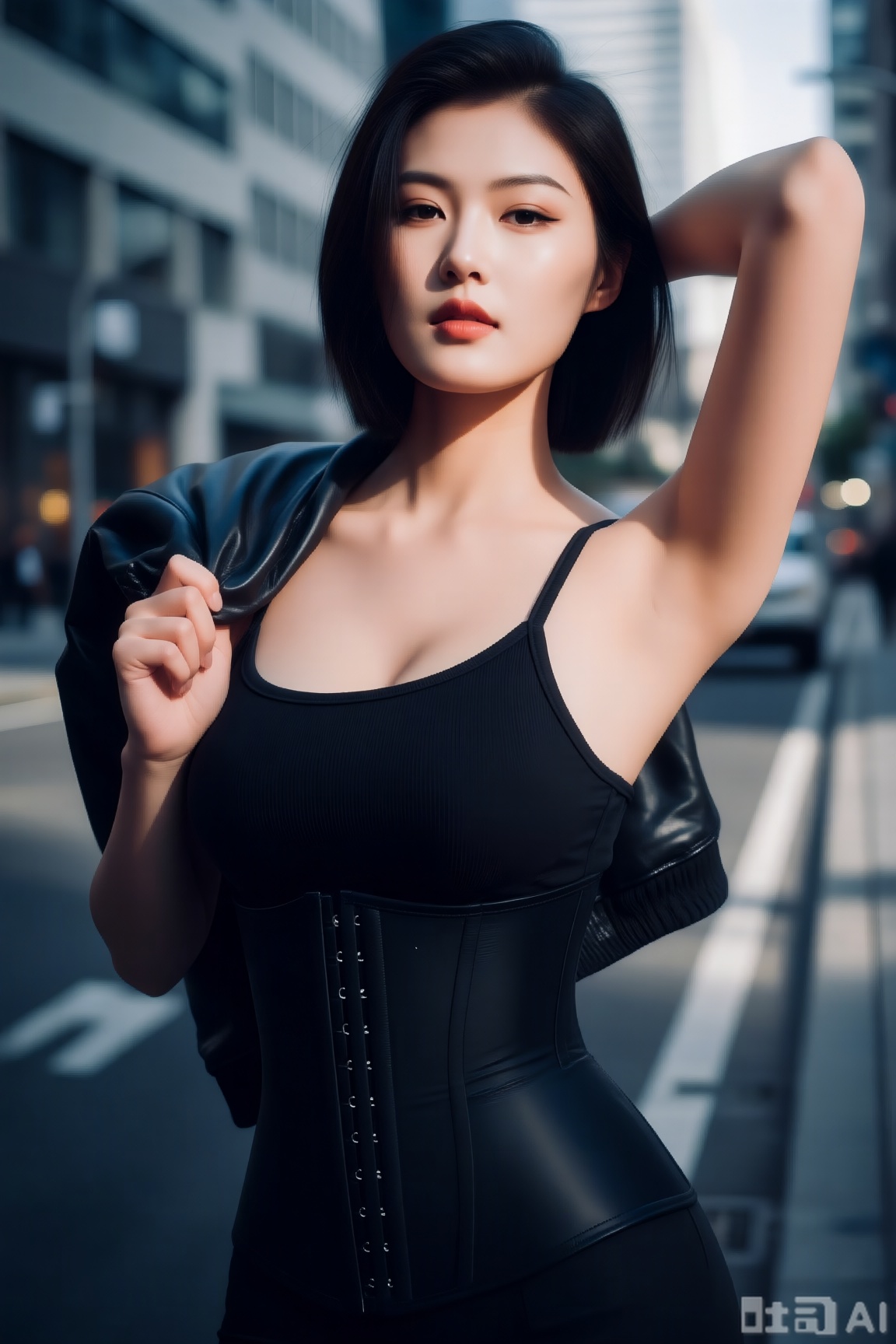 一位年轻女性,  穿着黑色吊带背心和黑色束腰,  单手将皮夹克搭在肩上。顶级时尚杂志街拍风格 on Tensor.Art