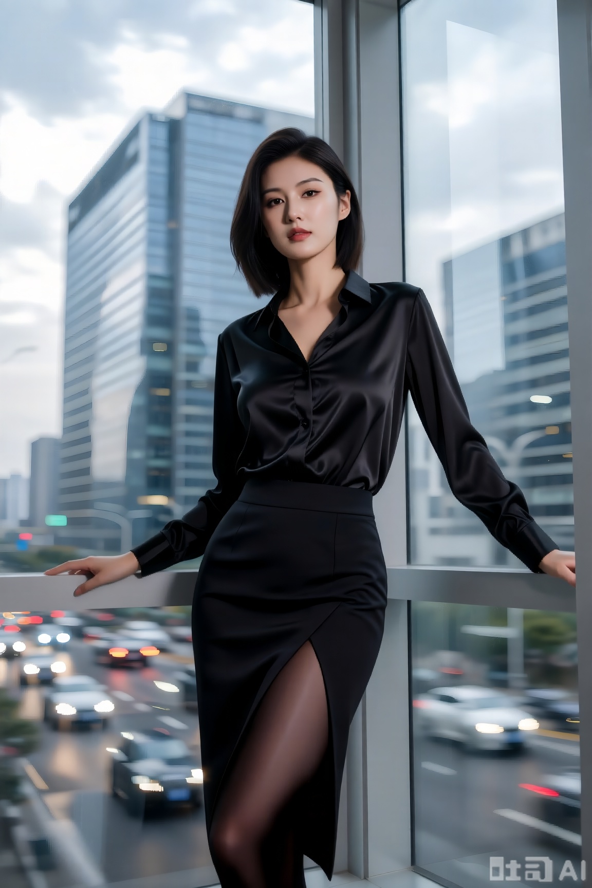 性感白领女性,身着黑色真丝衬衫与高腰开叉西装裙,黑丝,站在写字楼落地窗前轻倚窗框,姿态优雅干练。电影写真风格,冷调自然光勾勒身形,高清写实渲染凸显面料质感。背景以极强动态模糊处理楼下车流与云层,形成横向拉丝光影,色彩以沉黑与窗外城市的浅灰、天蓝为主,中景视角聚焦女性自信神情,背景虚化程度达80%,强化都市快节奏的流动感。