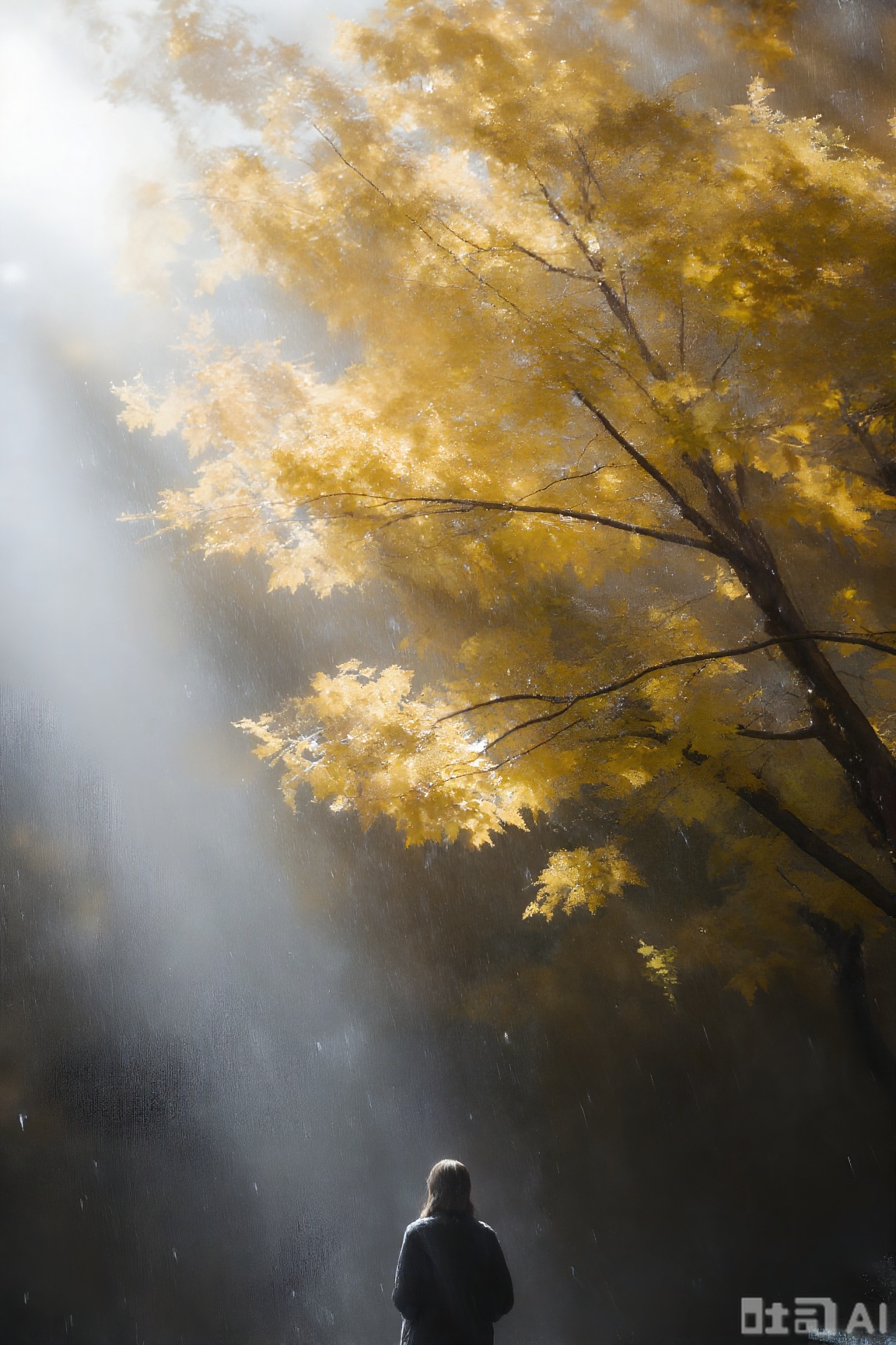 The picture presents a quiet and beautiful realistic style. In terms of light and shadow, the overall effect is soft, and light seems to fall above the golden leaves, forming a backlight effect, outlining the outline of the branches and leaves, and at the same time, letting the fine raindrops appear and appear, adding a hazy atmosphere. The characters are in a relatively dark area, contrasting with the bright leaves to highlight the main body. The perspective is a medium- and long distance perspective, giving the viewer an objective sense of observation, as if he is not far from the scene, quietly watching everything in the picture. In terms of color, golden leaves are the main visual of warm colors, which is sharply contrasted with the cool gray rain curtain and the dark clothes of the characters. The intertwined cold and warmth not only shows the splendor of autumn, but also reveals the cold and lonelyness in the rain.