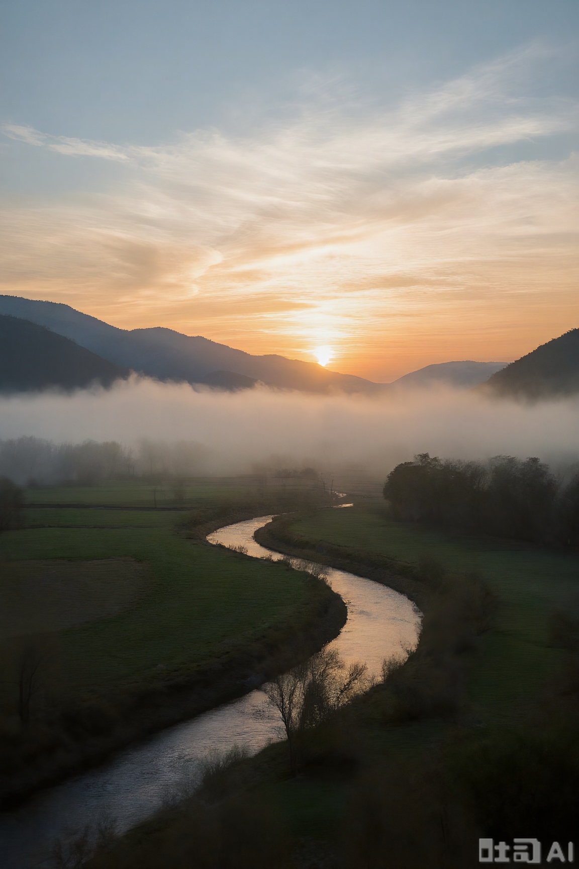 This is a beautiful natural scenery. In the picture, a golden sun is slowly rising or falling, emitting a soft light, dyeing the sky with gorgeous colors intertwined by orange and light blue. There is a thin layer of morning mist or dusk in the mountains, adding a bit of hazy beauty to the scenery. A winding river shuttles between large green fields and dense forests, with light and shadow intertwined, the whole scene is quiet and charming, full of the vitality and poetry of nature.