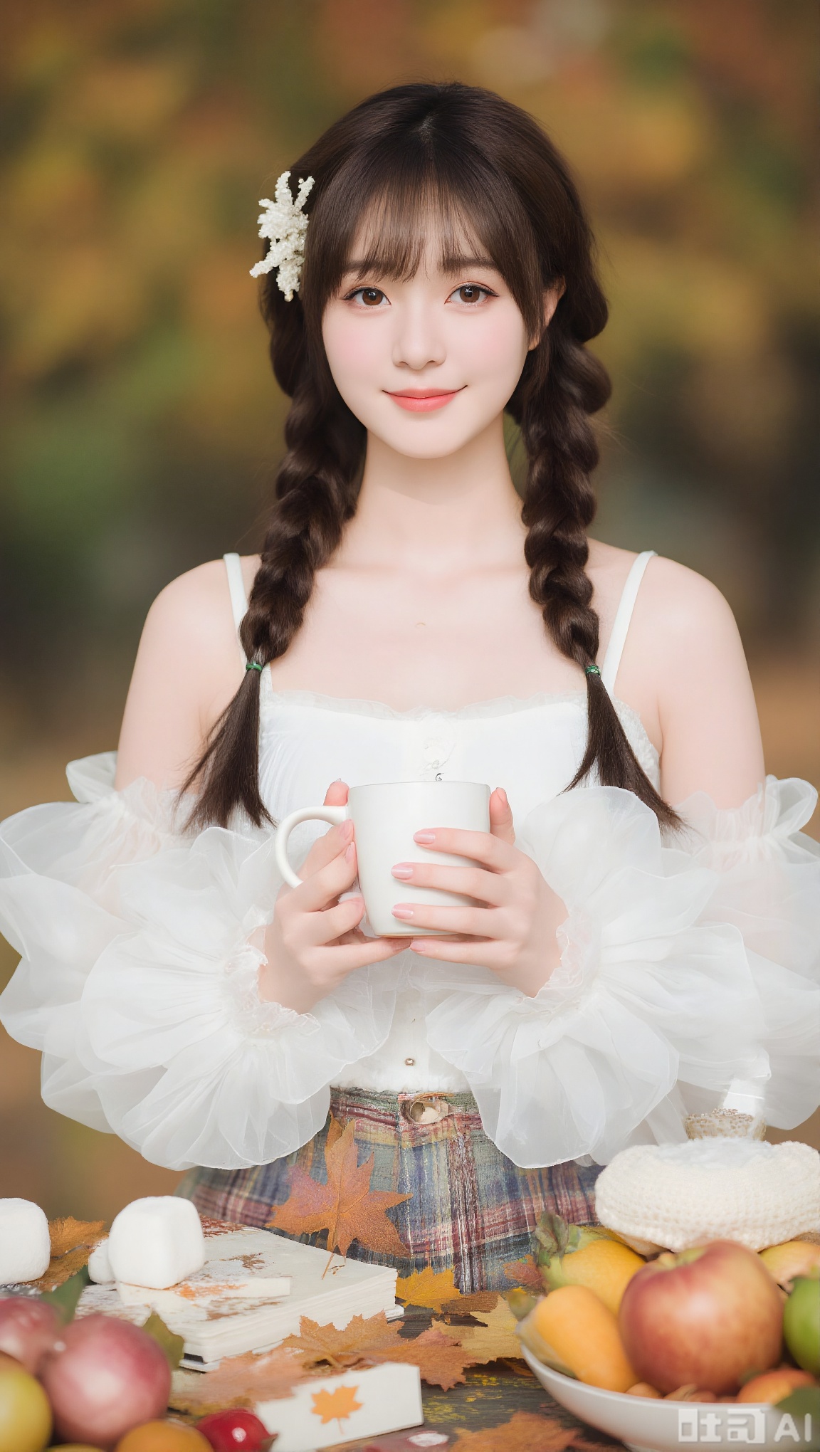 (masterpiece), (best quality), illustration, ultra detailed, hdr, Depth of field, (colorful),loli,[Artist:wlop],[[Artist:sheya]],1girl, solo, holding, hair ornament, brown hair, cup, brown eyes, hairclip, braid, long sleeves, looking at viewer, hair between eyes, smile, shirt, closed mouth, mug, upper body, food, white shirt, book, earrings, puffy long sleeves, twin braids, leaf, blush, nail polish, hat, jewelry, white headwear, plaid, holding cup, marshmallow, center frills, sleeves past wrists, frills, maple leaf, heart, long hair, bandaid, puffy sleeves, twintails, fruit, autumn leaves, off shoulder
