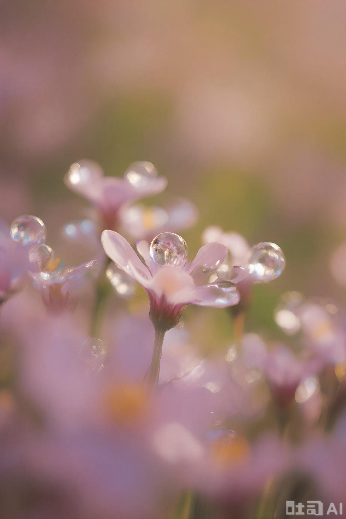 Lighting art, macro photography, vibrant flowers, 1 dewdrop, focus dewdrop, selective focus, bokeh, morning, edge light, surreal, movie, meadow, contemporary art, close-up, soft light, warm light, enhanced details, leca camera, shiny, high quality, masterpiece, (no one)