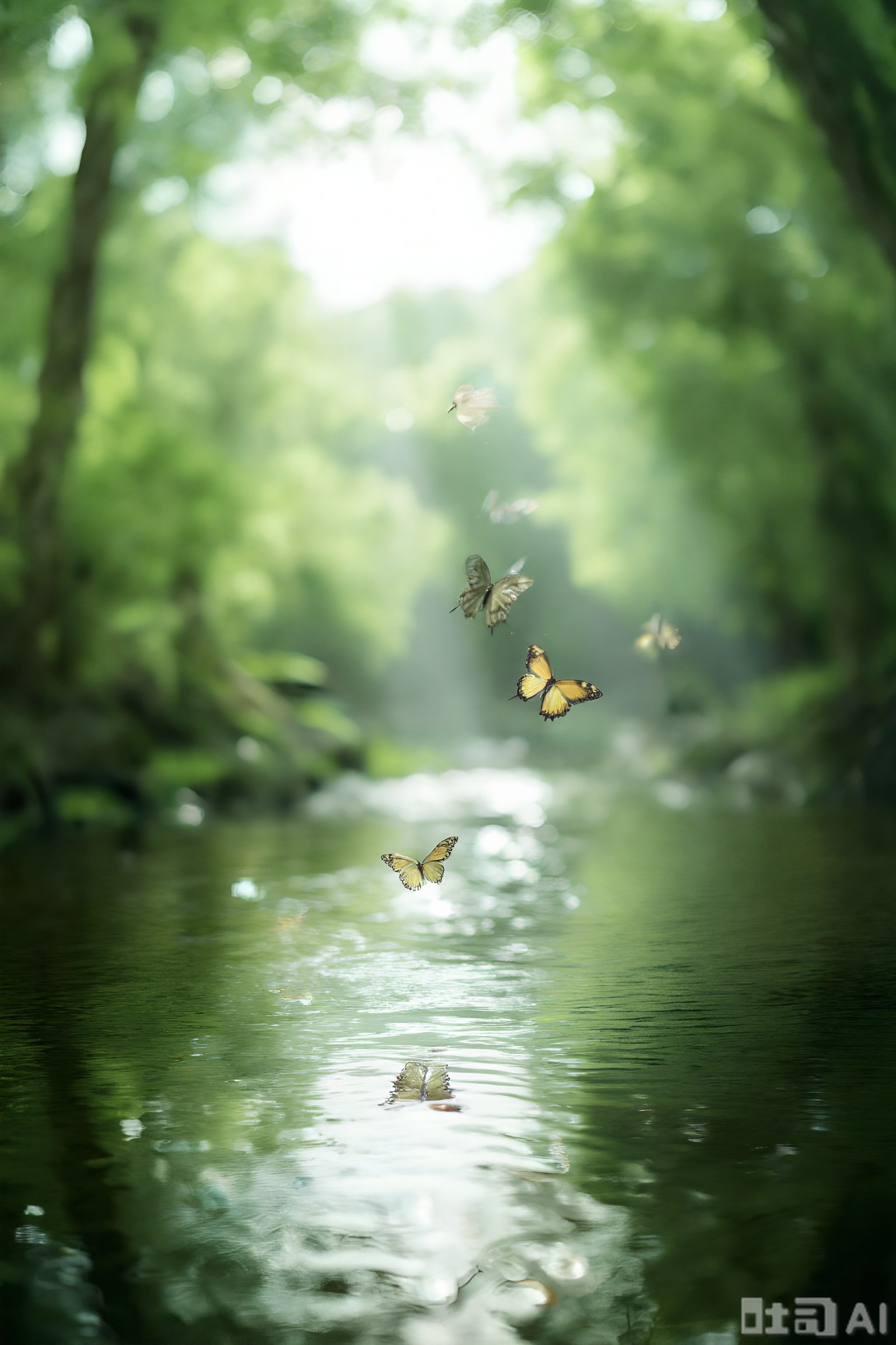 Forest, sunbeam, water surface, Tindal light and shadow effect, glowing butterflies flying on the water surface under the light and shadow, natural beauty, green tone, tranquility, dream scene