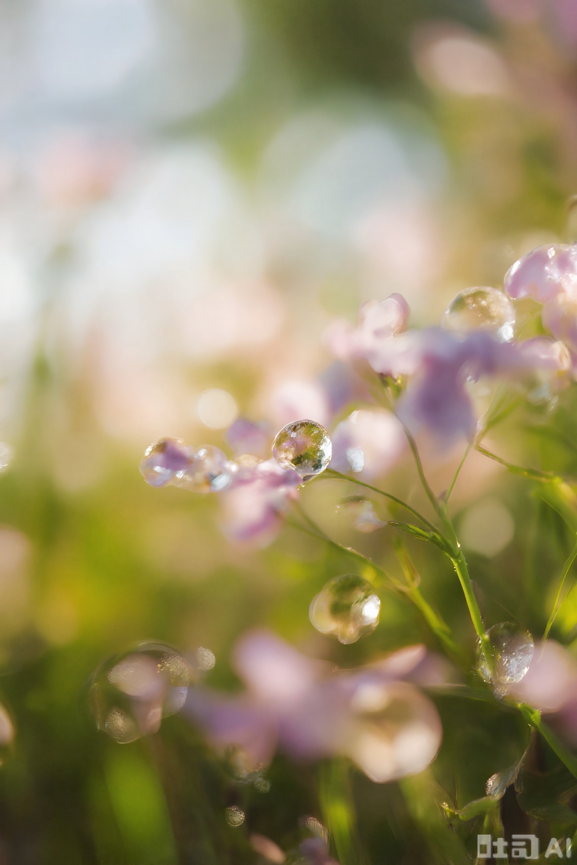 Lighting art, macro photography, vibrant flowers, 1 dewdrop, focus dewdrop, selective focus, bokeh, morning, edge light, surreal, movie, meadow, contemporary art, close-up, soft light, warm light, enhanced details, leca camera, shiny, high quality, masterpiece, (no one)