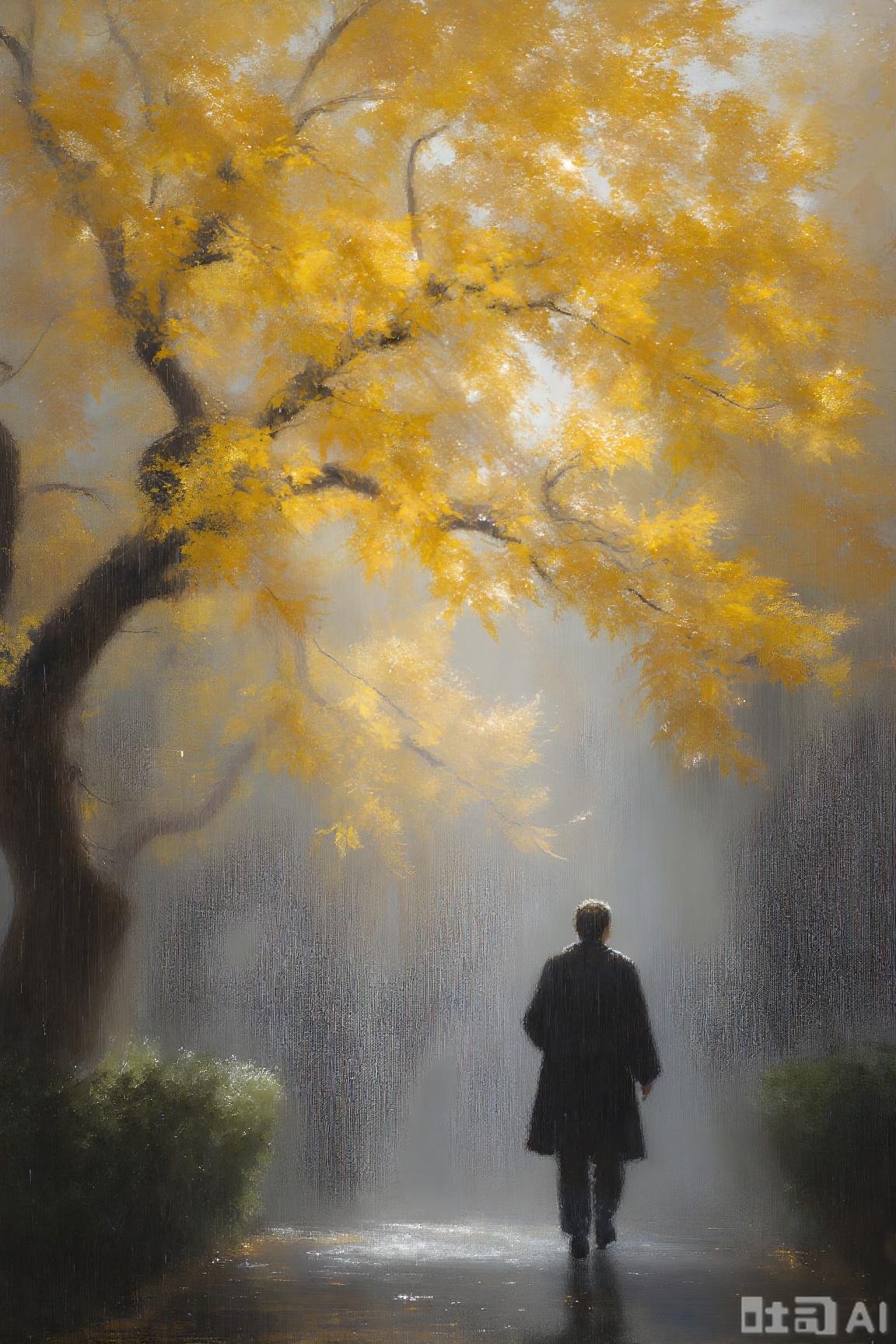 The picture presents a quiet and beautiful realistic style. In terms of light and shadow, the overall effect is soft, and light seems to fall above the golden leaves, forming a backlight effect, outlining the outline of the branches and leaves, and at the same time, letting the fine raindrops appear and appear, adding a hazy atmosphere. The characters are in a relatively dark area, contrasting with the bright leaves to highlight the main body. The perspective is a medium- and long distance perspective, giving the viewer an objective sense of observation, as if he is not far from the scene, quietly watching everything in the picture. In terms of color, golden leaves are the main visual of warm colors, which is sharply contrasted with the cool gray rain curtain and the dark clothes of the characters. The intertwined cold and warmth not only shows the splendor of autumn, but also reveals the cold and lonelyness in the rain.