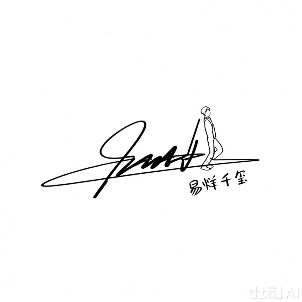 图纸用白色背景,光滑的线条。极简主义的风格。有创意字签名汉字“易烊千玺”,表明艺术家的签名或名称。整体美学是干净整洁的,该图像是一个没有阴影或颜色的数字图。