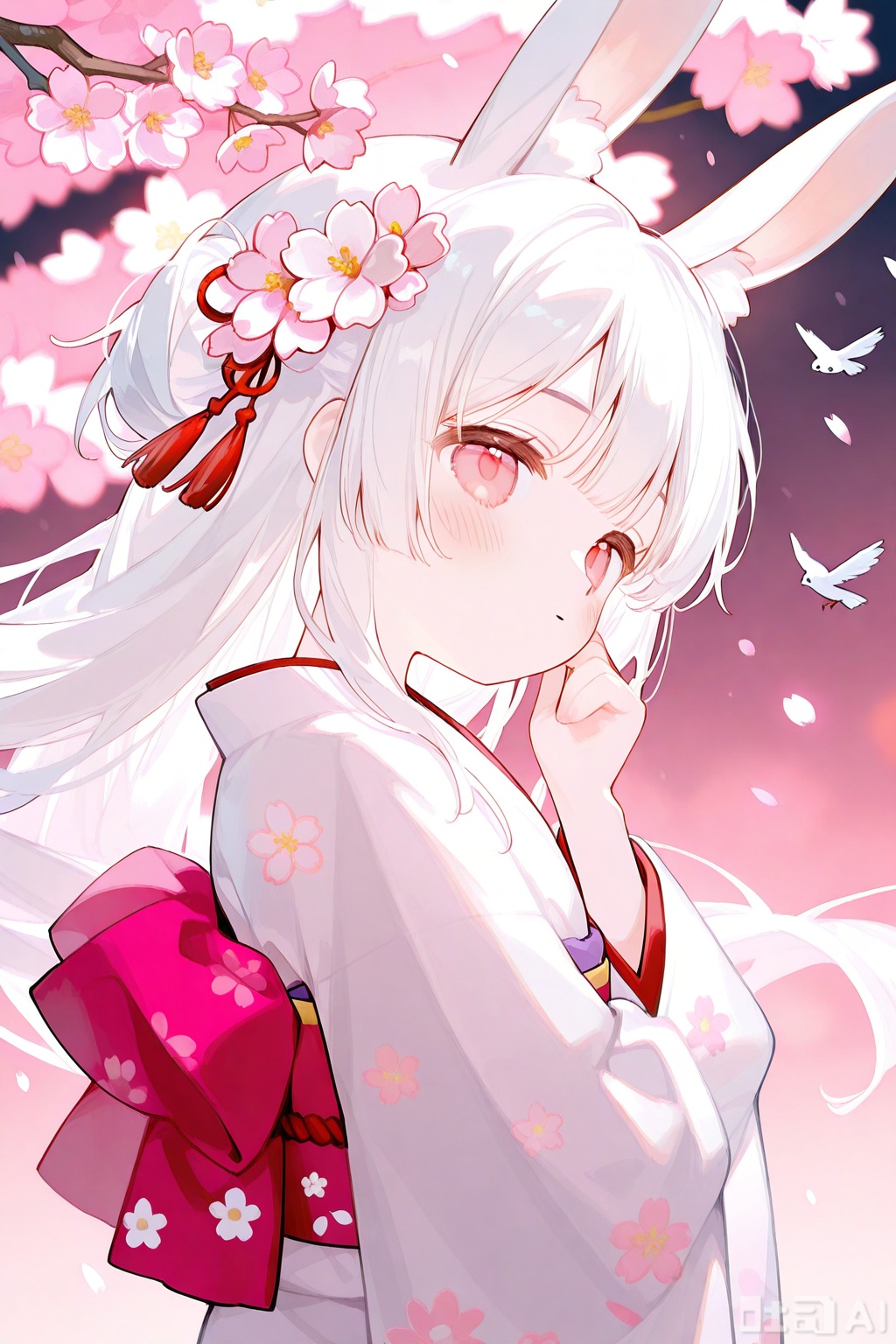 1girl, solo, long hair, looking at viewer, blush, bangs, hair ornament, red eyes, long sleeves, bow, animal ears, closed mouth, upper body, flower, white hair, japanese clothes, hand up, hair flower, wide sleeves, pink eyes, kimono, rabbit ears, from side, sash, floating hair, bird, obi, floral print, cherry blossoms, pink flower, white kimono, branch, print kimono