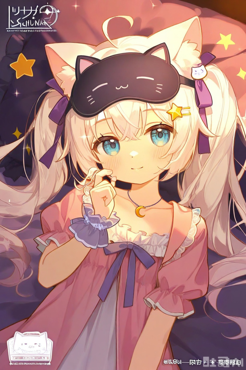 1girl, ahoge, animal ear fluff, animal ears, artist logo, babydoll, blue eyes, cat ears, cat girl, cat hair ornament, closed mouth, collarbone, crescent, crescent hair ornament, crescent necklace, crossed bangs, dress, dutch angle, frilled babydoll, frilled sleeves, frills, hair ornament, hair ribbon, hairclip, head tilt, jewelry, light blush, logo, long hair, looking at viewer, necklace, nightgown, pajamas, pastel colors, pillow, pink babydoll, pink dress, pink nightgown, puffy short sleeves, puffy sleeves, purple ribbon, purple scrunchie, ribbon, scrunchie, short sleeves, sleep mask, smile, solo, sparkle, sparkling aura, star \(symbol\), star hair ornament, threads username, twintails, twirling hair, upper body, virtual youtuber, watermark, white hair, wrist scrunchie
