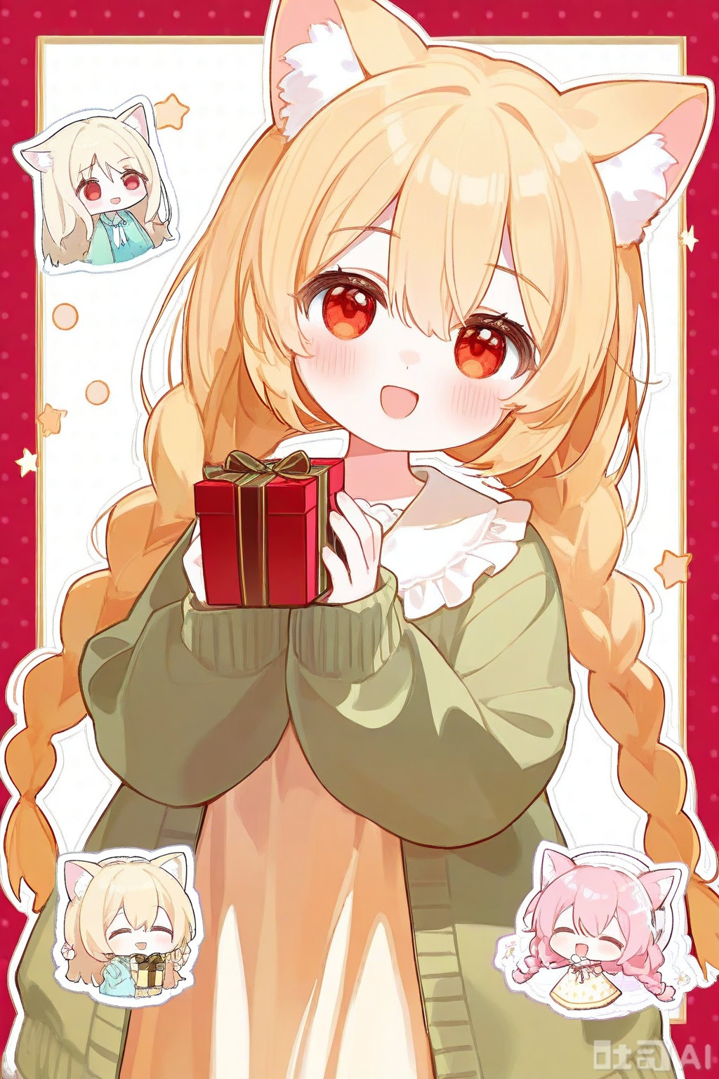 1girl, :d, animal ear fluff, animal ears, blonde hair, blush, braid, cardigan, cat ears, cat girl, chibi, collared dress, contrast collar, cowboy shot, double-parted bangs, dress, frilled shirt collar, frills, gift, green cardigan, hair between eyes, holding, holding gift, long hair, long sleeves, looking at viewer, mismatched pupils, open cardigan, open clothes, open mouth, outline, polka dot, polka dot background, red eyes, smile, star-shaped pupils, star \(symbol\), symbol-shaped pupils, twin braids, white outline, yellow dress