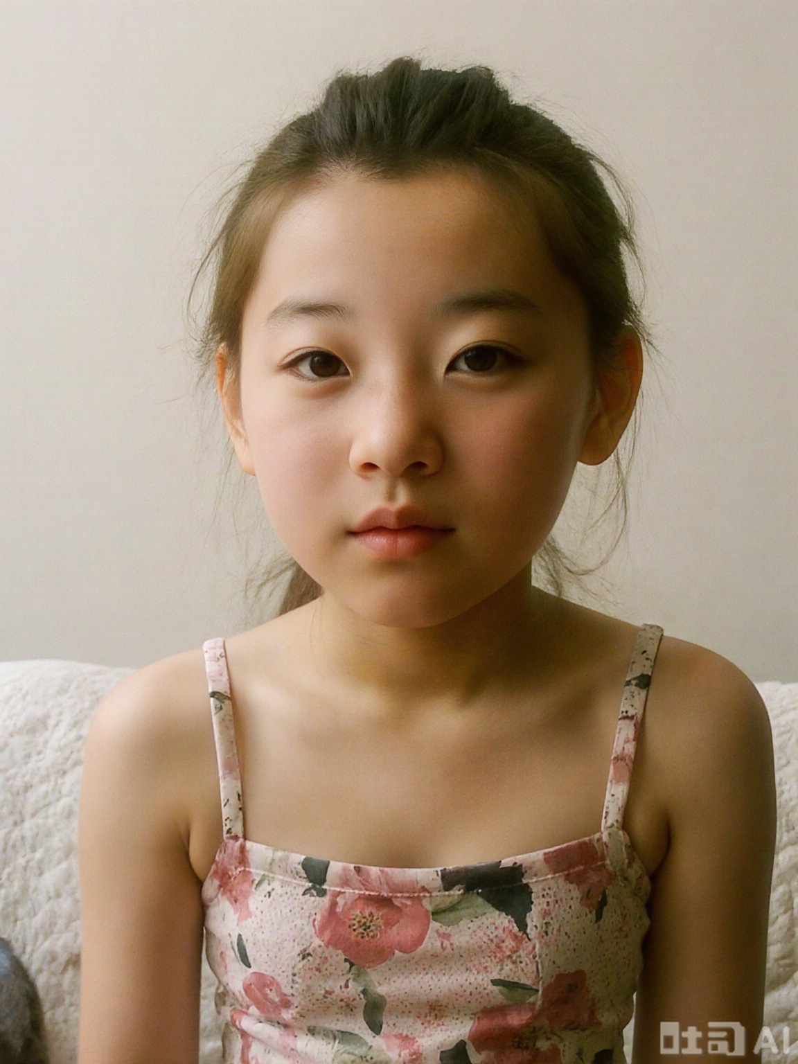 Upper body portrait of a nine-year-old girl, flat chest, single, indoor, no bra