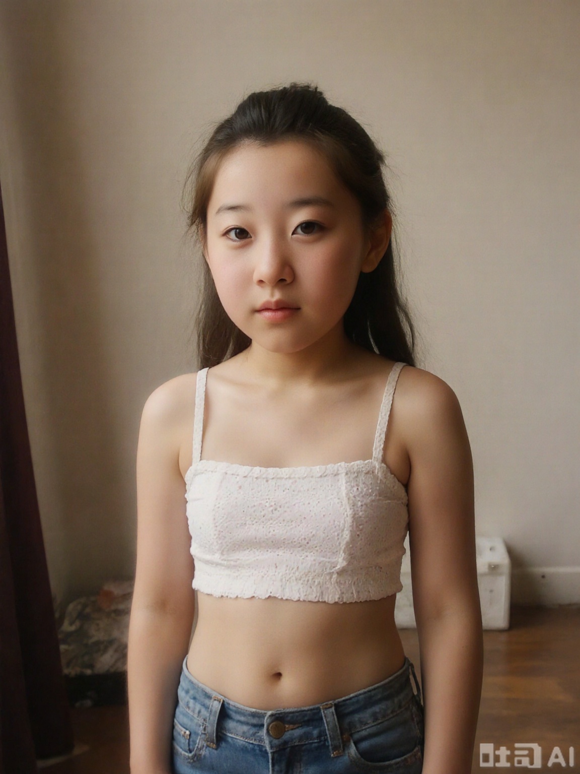 Upper body portrait of a nine-year-old girl, flat chest, single, indoor, no bra
