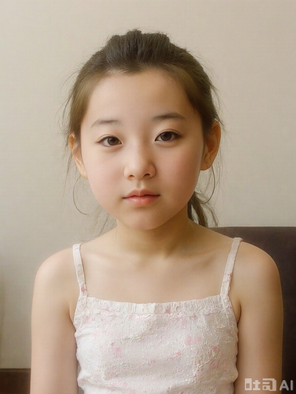 Upper body portrait of a nine-year-old girl, flat chest, single, indoor, no bra