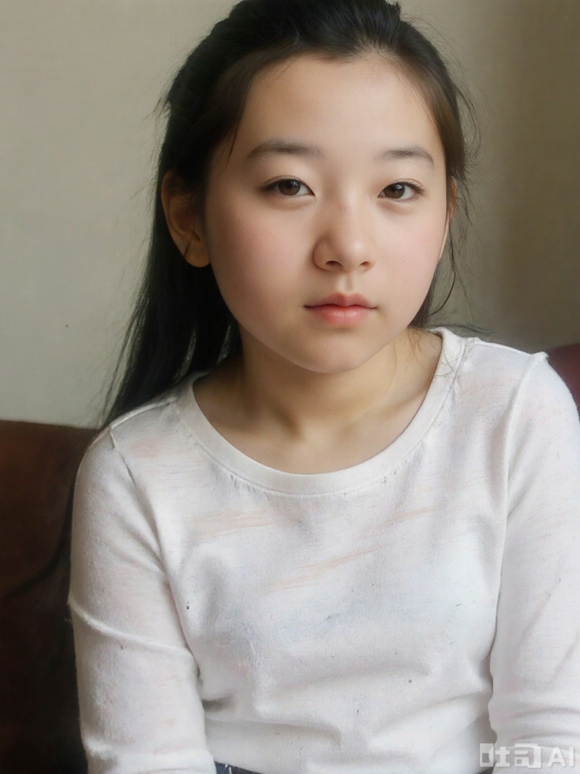 Upper body portrait of a nine-year-old girl, flat chest, single, indoor, no bra